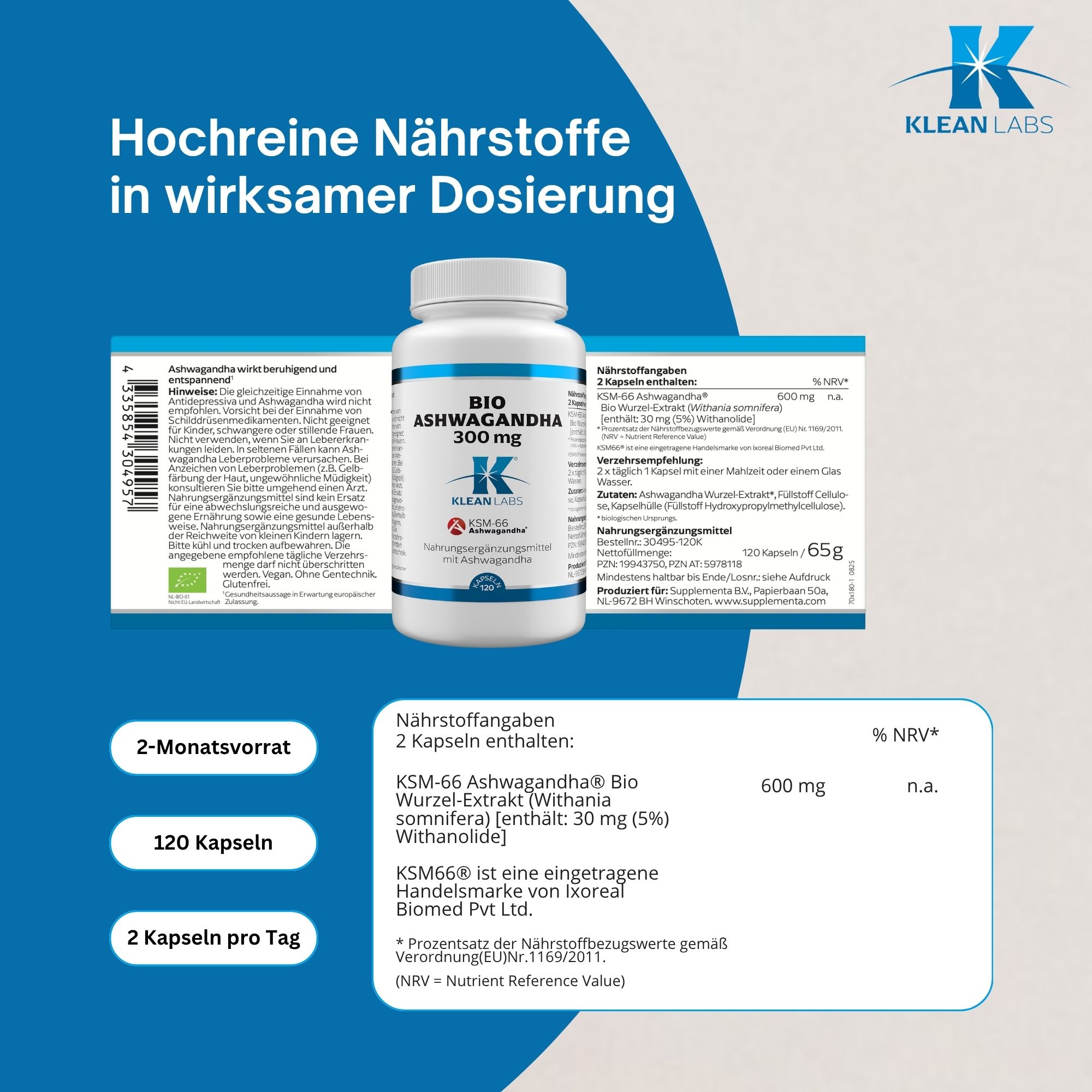 Flasche mit Produktinformationen und Text. Enthält Nährwertangaben und Informationen zu Klean Labs.