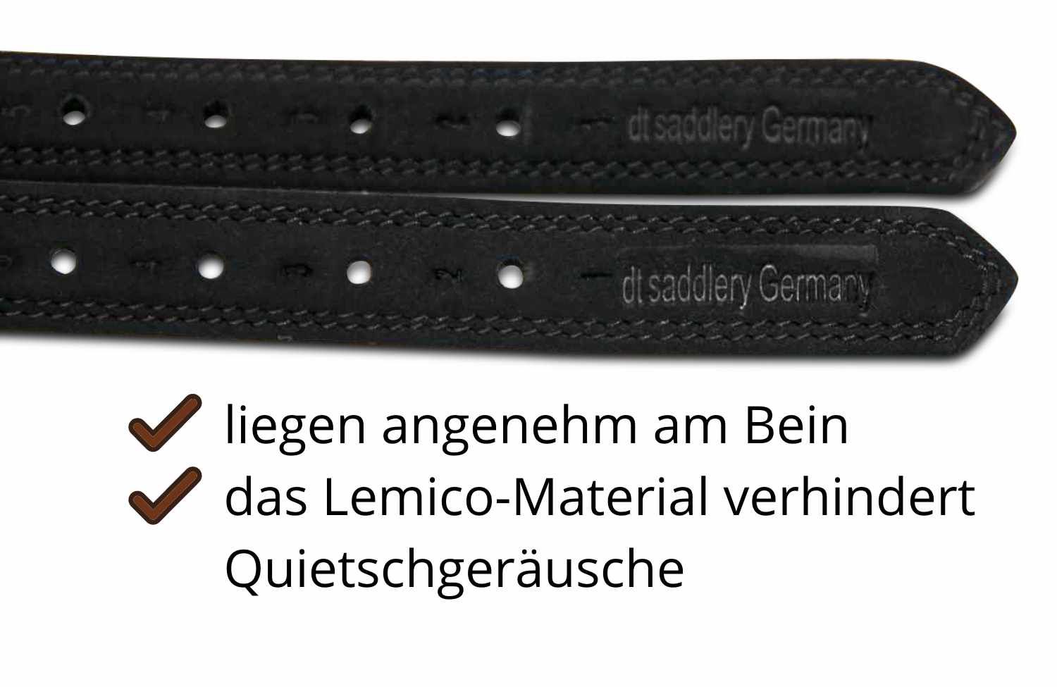 Nahaufnahme von schwarzen Steigbügelriemen. Text: dt saddlery Germany, liegen angenehm am Bein, Lemico-Material verhindert Quietschen.