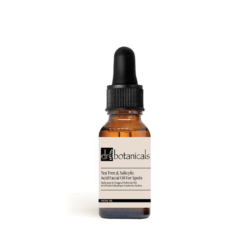 Dr. Botanicals Gesichtsöl mit Teebaumöl und Salicylsäure in Braunglasflasche mit Pipette.