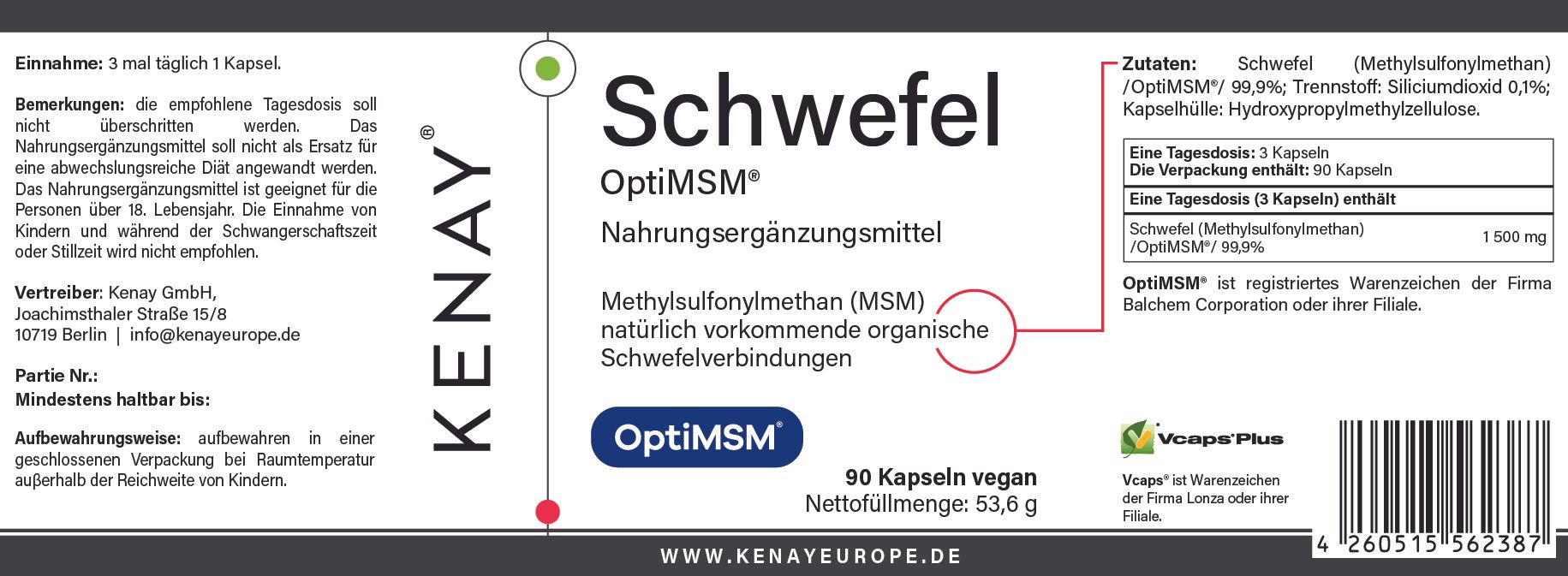 Etikett mit Produktinformationen. Beschriftung: Schwefel OptiMSM, Nahrungsergänzungsmittel. Enthält 90 Kapseln. Marke: KENAY. Vegan.