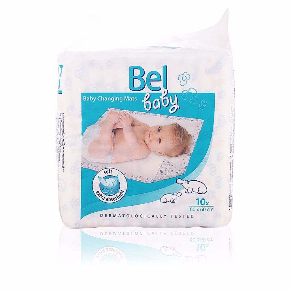 Verpackung mit Bel Baby Wickelunterlagen. Zehn Stück, 60x60cm. Weich und extra saugfähig. Dermatologisch getestet. Baby auf der Verpackung.