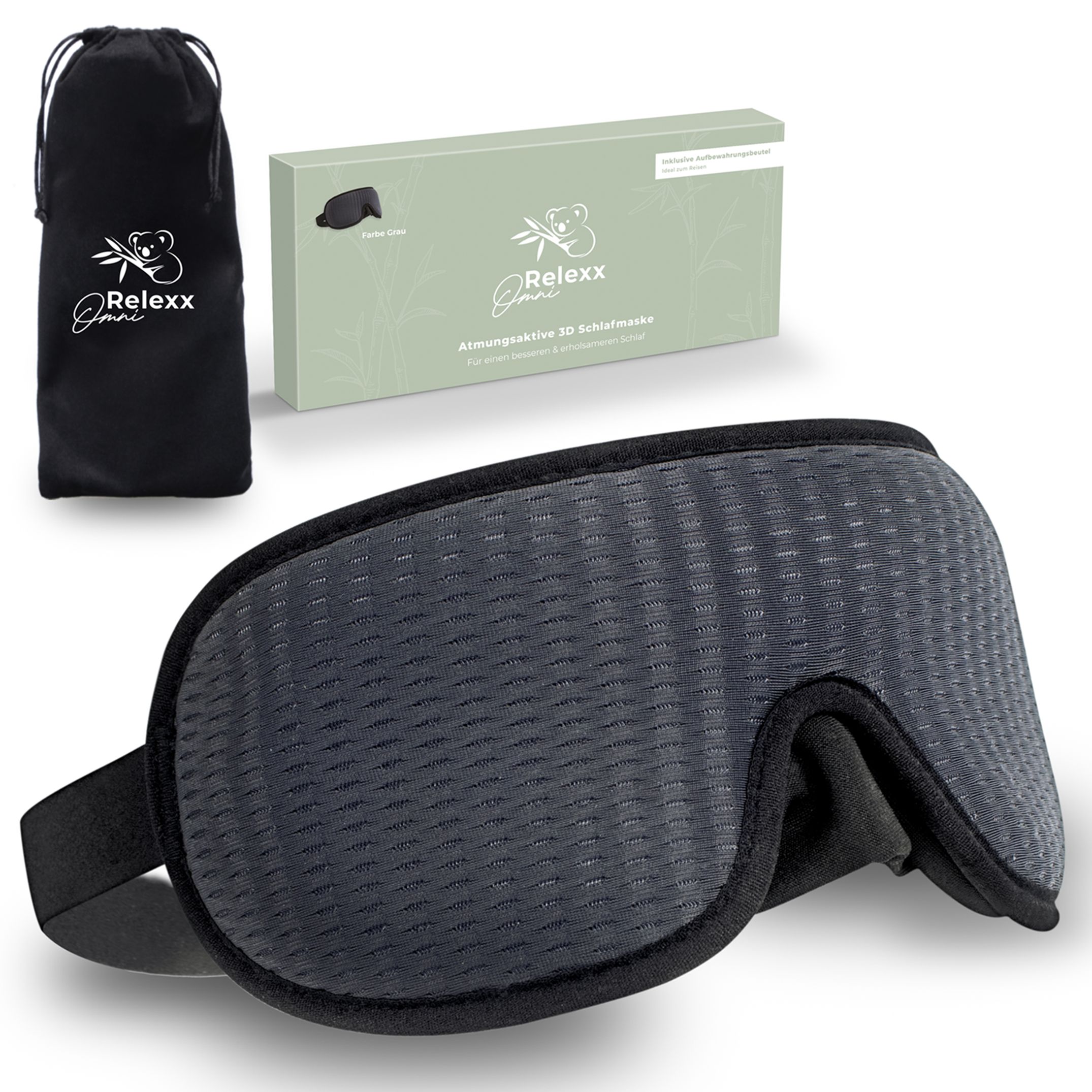 Schlafmaske und Reisebeutel. Text: OMNIRELEXX® Atmungsaktive 3D Schlafmaske. Farbe Grau.