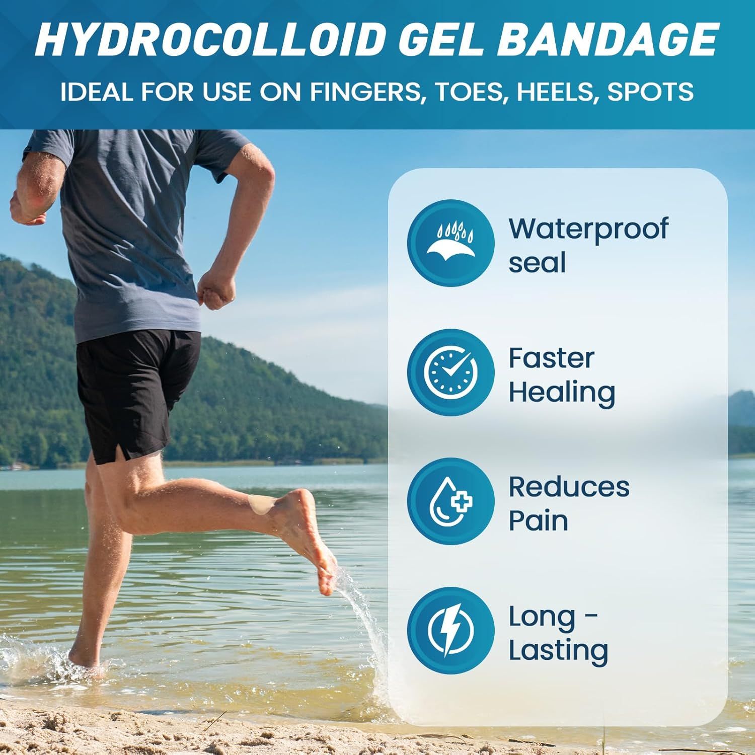 Mann rennt am See. Text: Hydrokolloid-Gelverband. Ideal für Finger, Zehen, Fersen, Stellen. Wasserdicht, schnellere Heilung, reduziert Schmerzen, langlebig.
