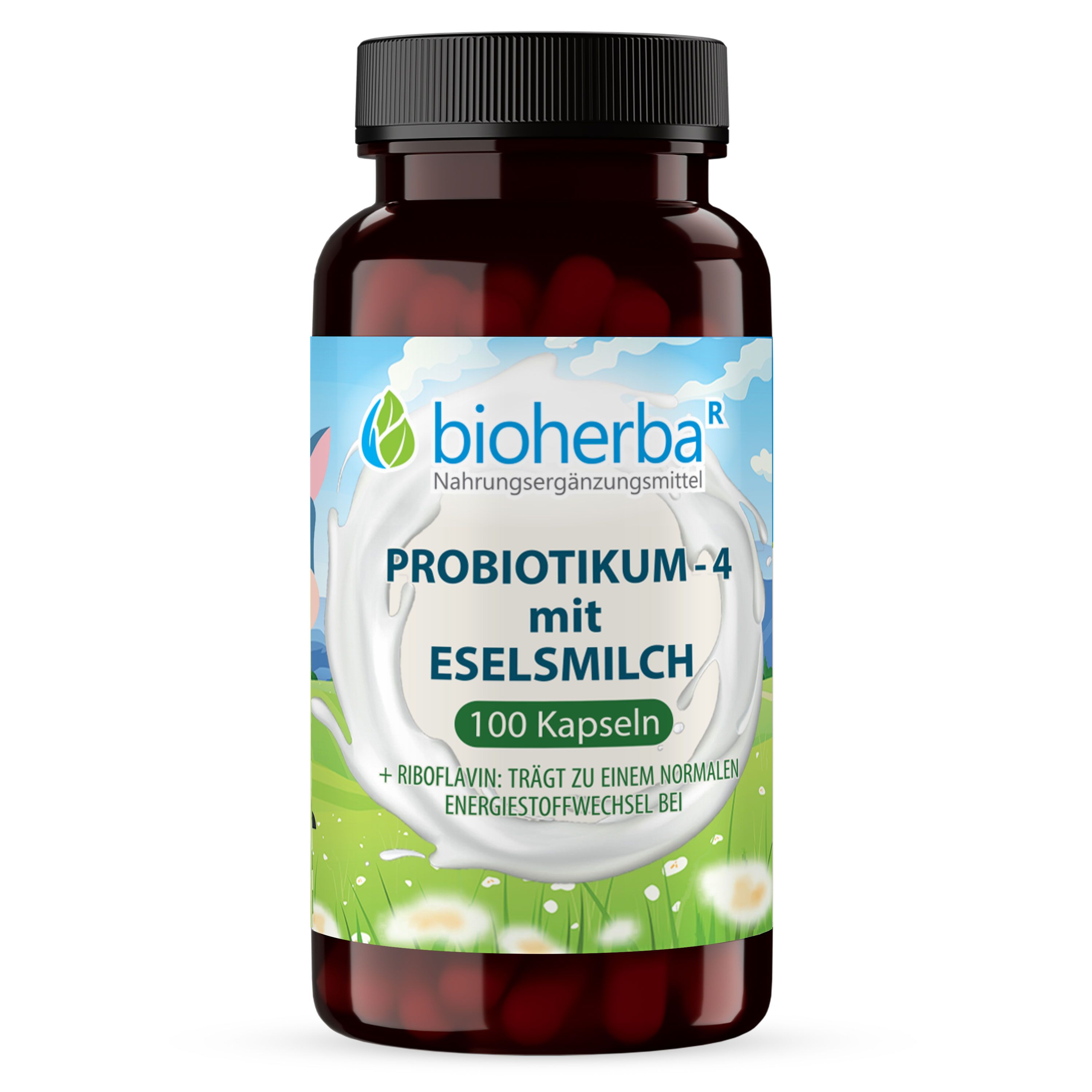 Braune Flasche mit schwarzen Deckel. Etikett mit Produktnamen, Logo von Bioherba und 100 Kapseln.