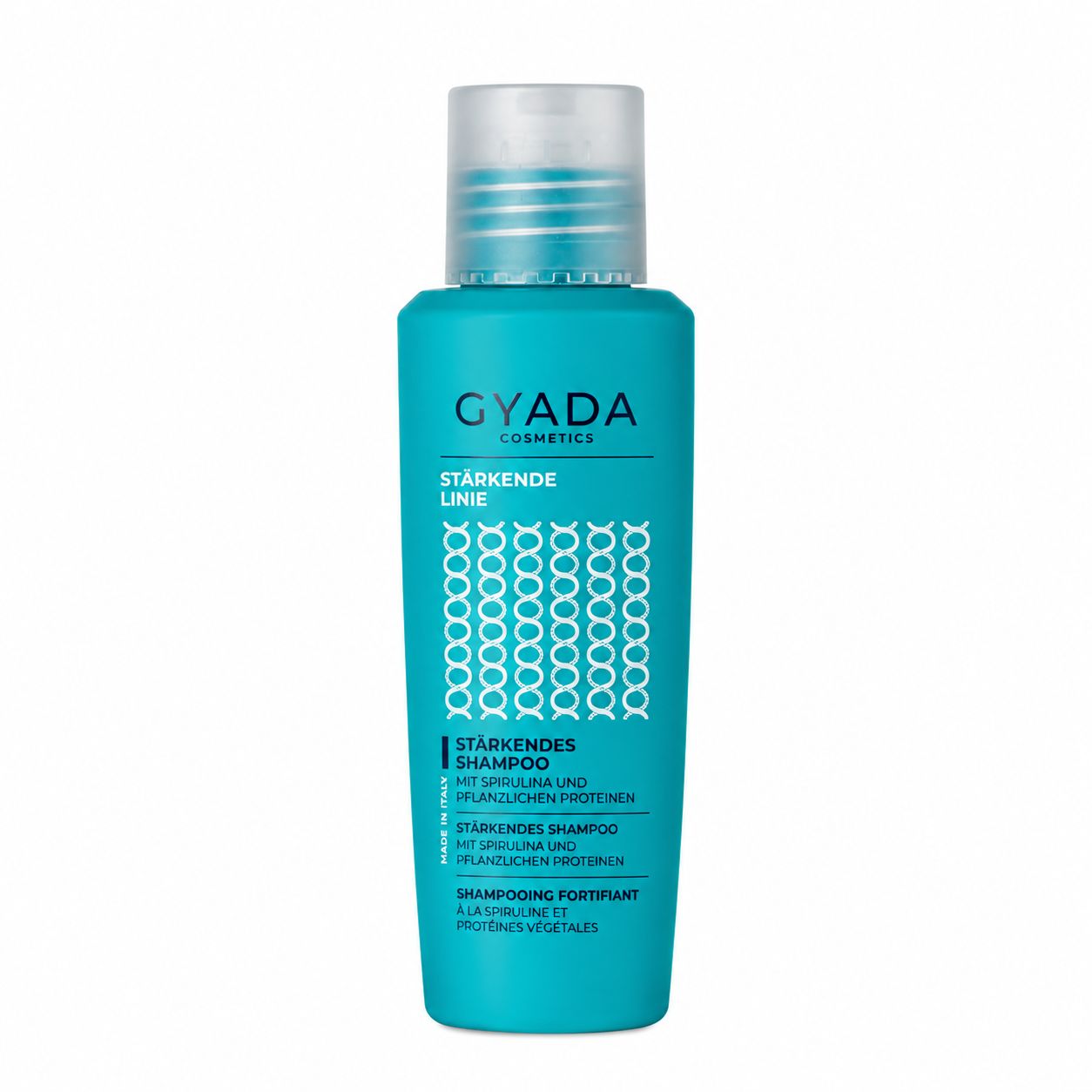 Türkise Flasche mit weißem Schraubverschluss, "GYADA COSMETICS STÄRKENDES SHAMPOO" Aufschrift.