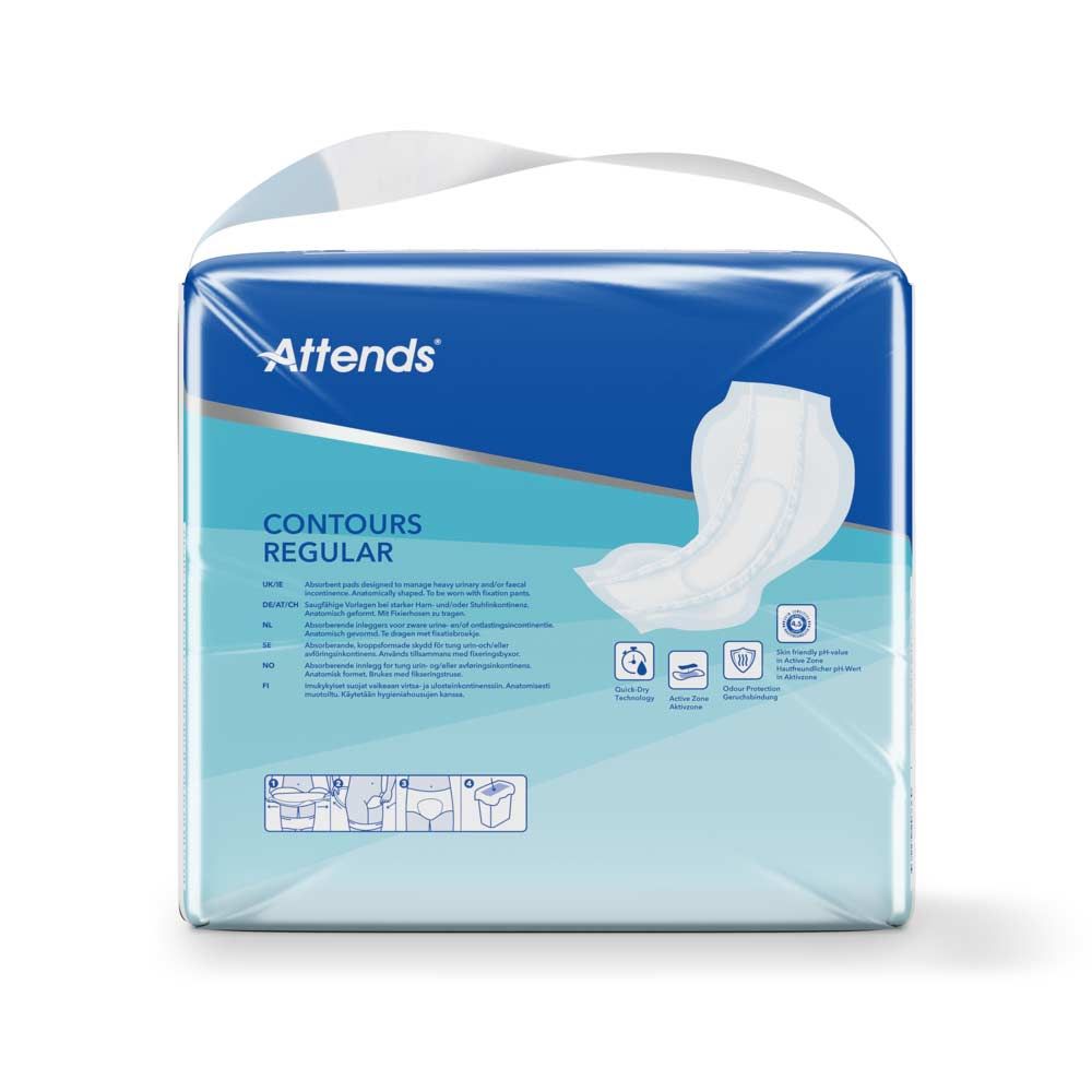 Attends Contours Regular. Anatomisch geformte Vorlagen. Verpackung. Logo, Produktname und Piktogramme. 9 Stück.