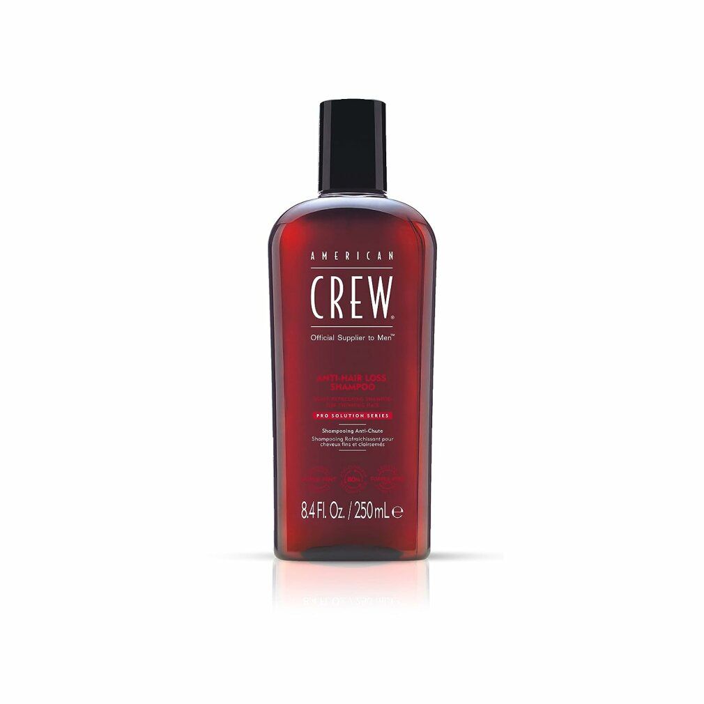 Rote Shampoo-Flasche mit schwarzem Deckel. Aufschrift: AMERICAN CREW. Text: Revitalizing & Curls. 8.4 Fl. Oz. / 250ml.