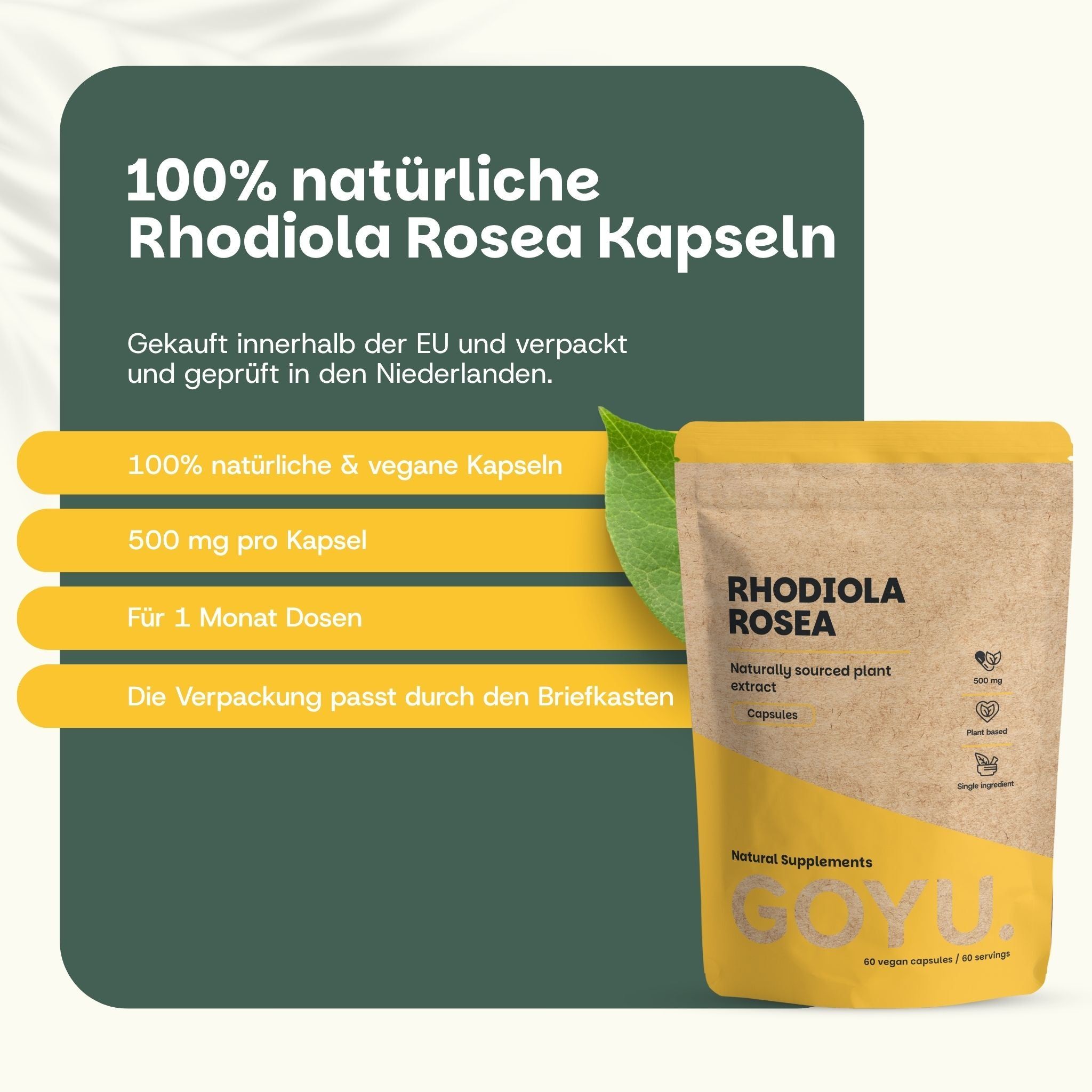 Beutel mit Kapseln. Text: 100% natürliche Rhodiola Rosea Kapseln. 500 mg pro Kapsel. Für 1 Monat Dosen.