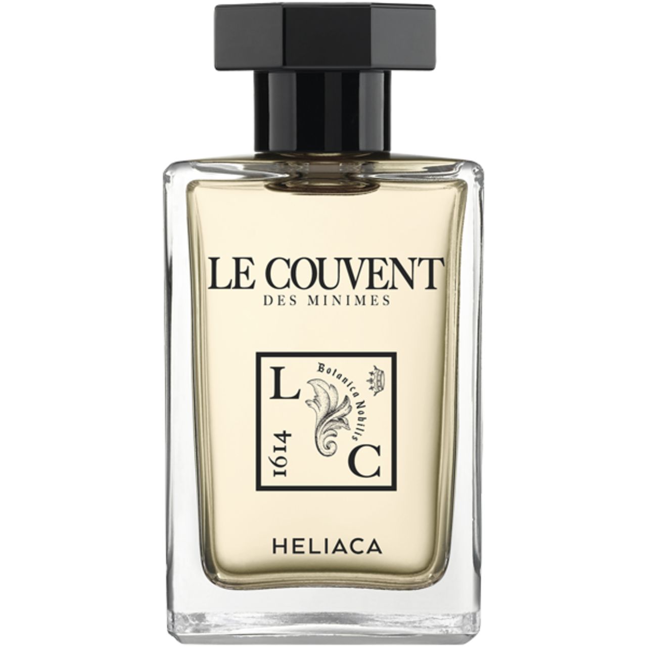 Singuliere Heliaca Eau de Parfum Flakon aus Glas mit schwarzem Verschluss und Etikett.