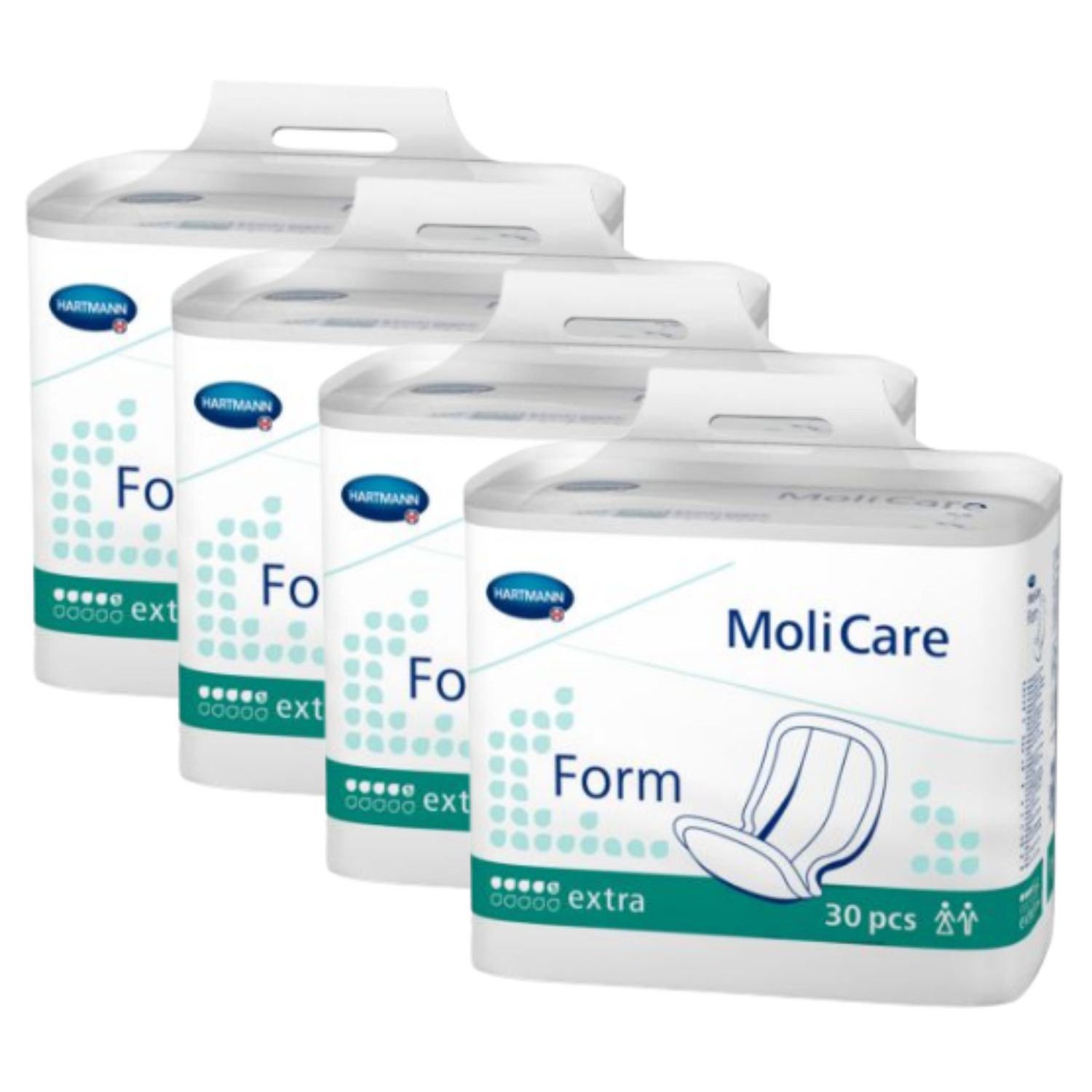 Vier Packungen MoliCare Form extra. Weiße Verpackung mit Logo und Produktbezeichnung. 30 Stück pro Packung.
