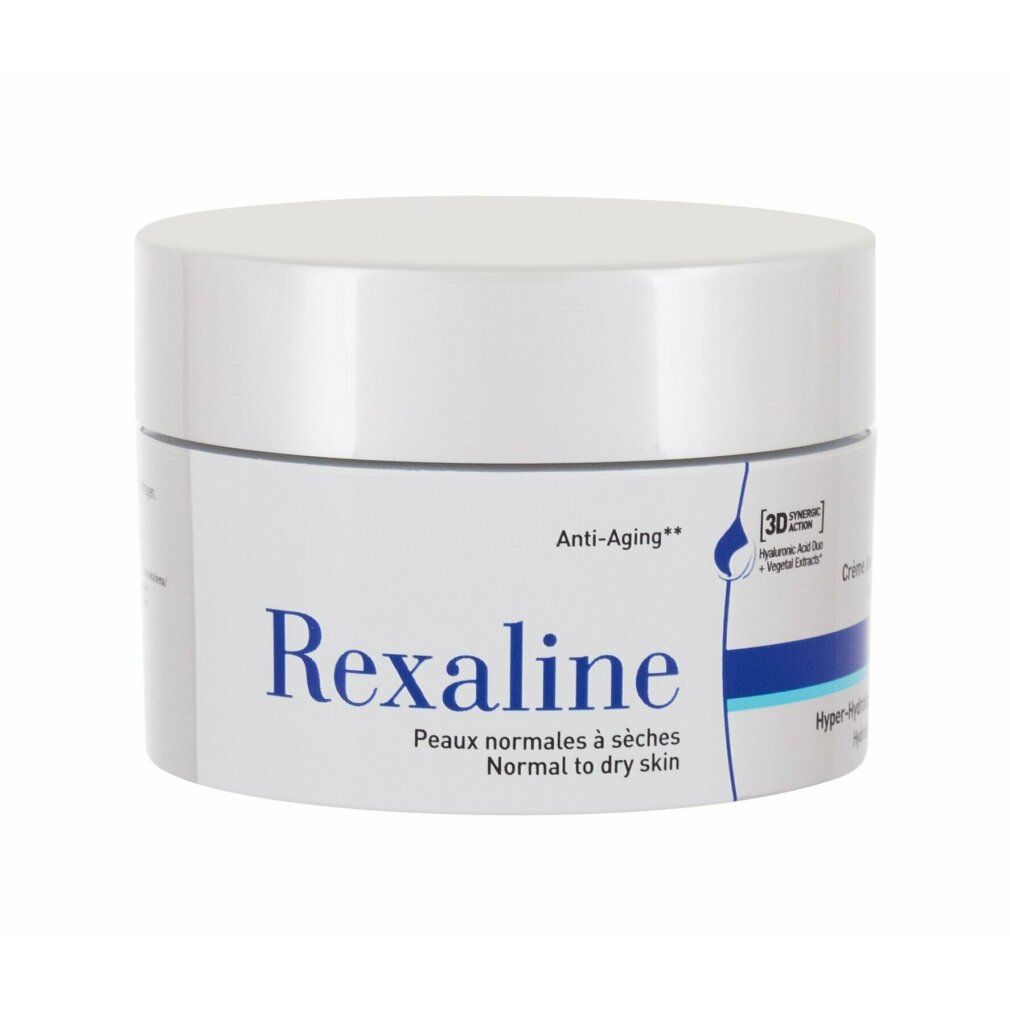Weißer Cremetiegel mit weißer Aufschrift Rexaline. Text: Peaux normales à sèches, Normal to dry skin.
