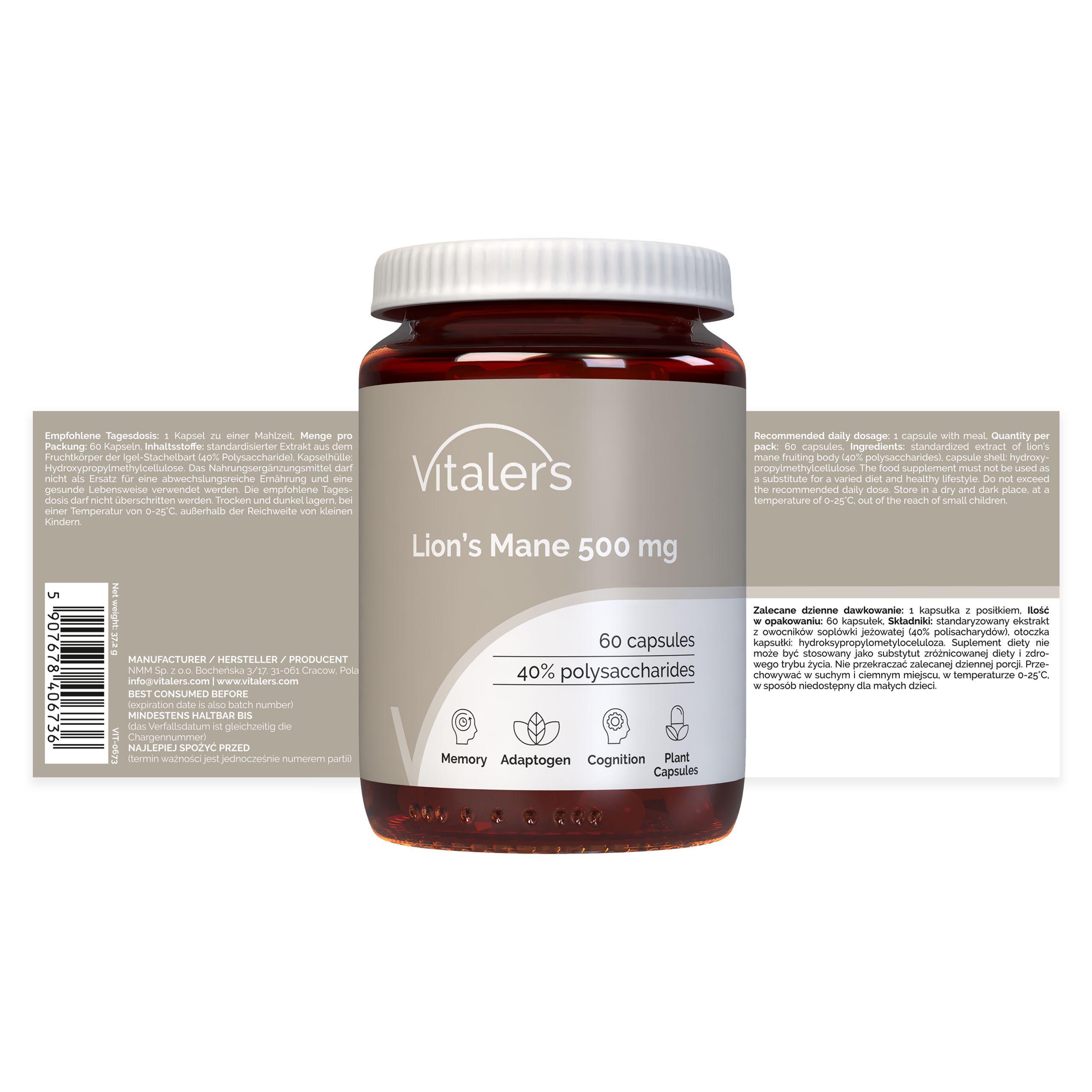 Vitaler's Löwenmähne Kapseln: Dose und Verpackung. 60 Kapseln, 500 mg, 40% Polysaccharide.