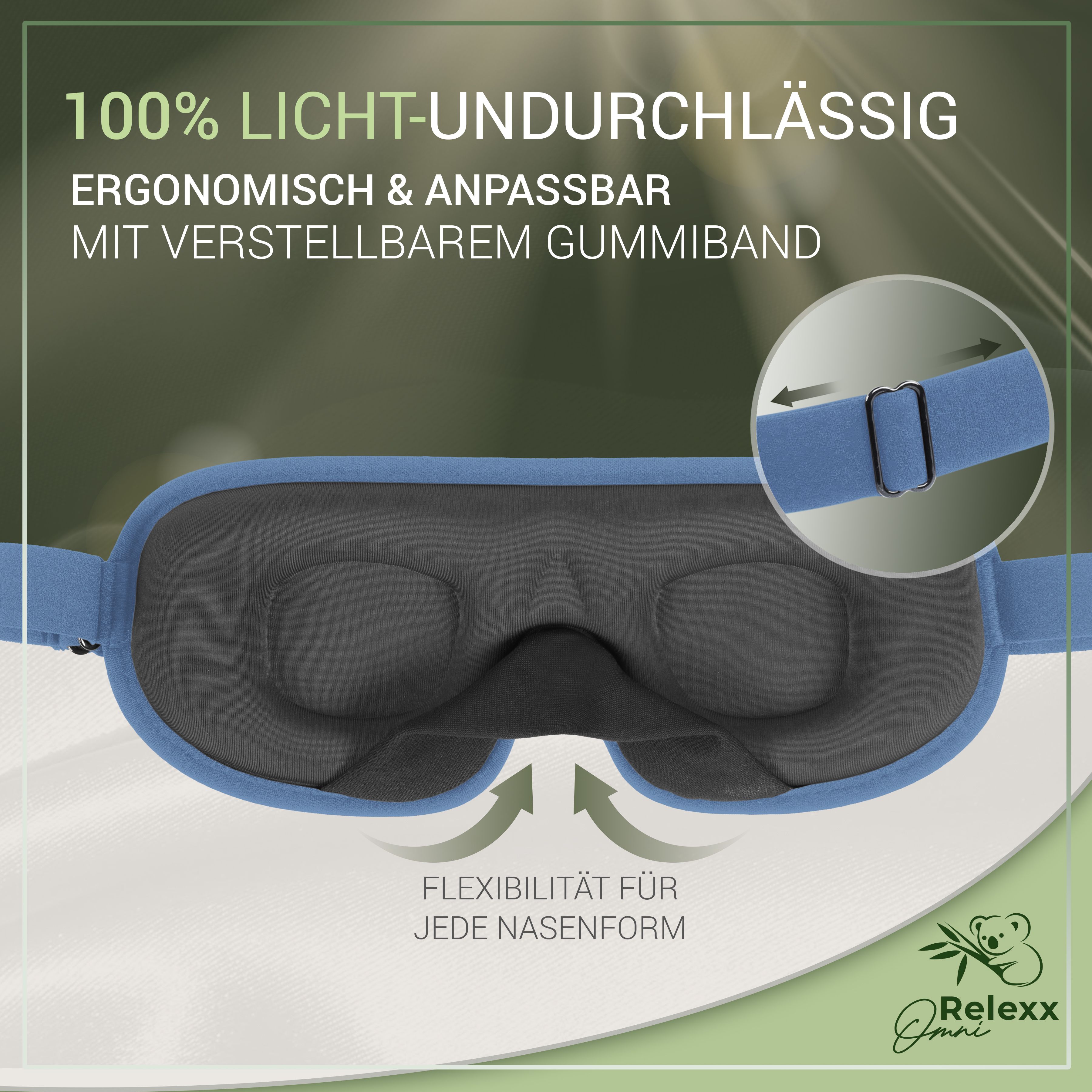 Blaue Schlafmaske. Text: 100% lichtundurchlässig, ergonomisch, verstellbar. Marke: Relexx Omni.