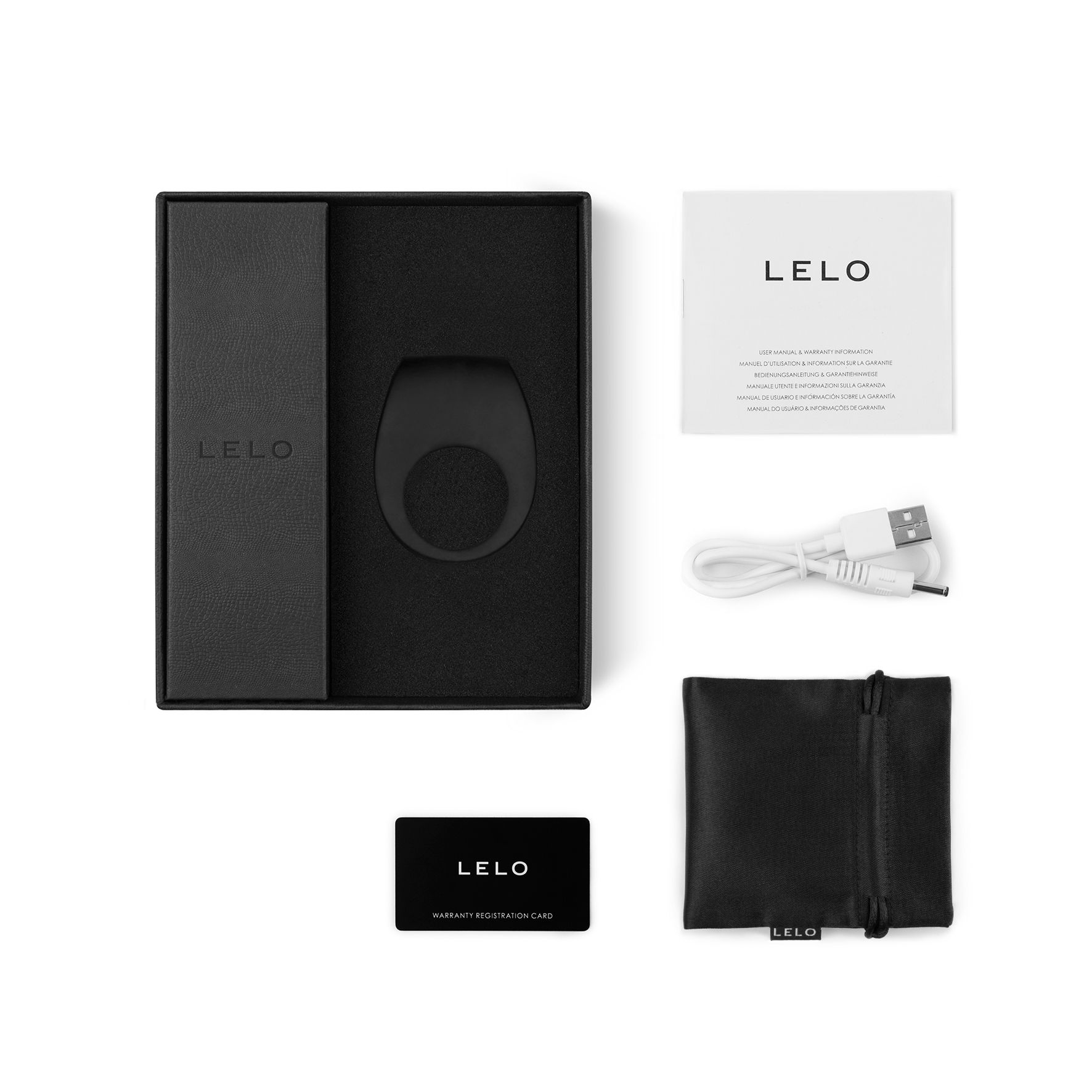 Lelo Tor 2 Vibrationsring-Set: Ring, Ladekabel, Netzteil, Garantiekarte und Aufbewahrungsbeutel.
