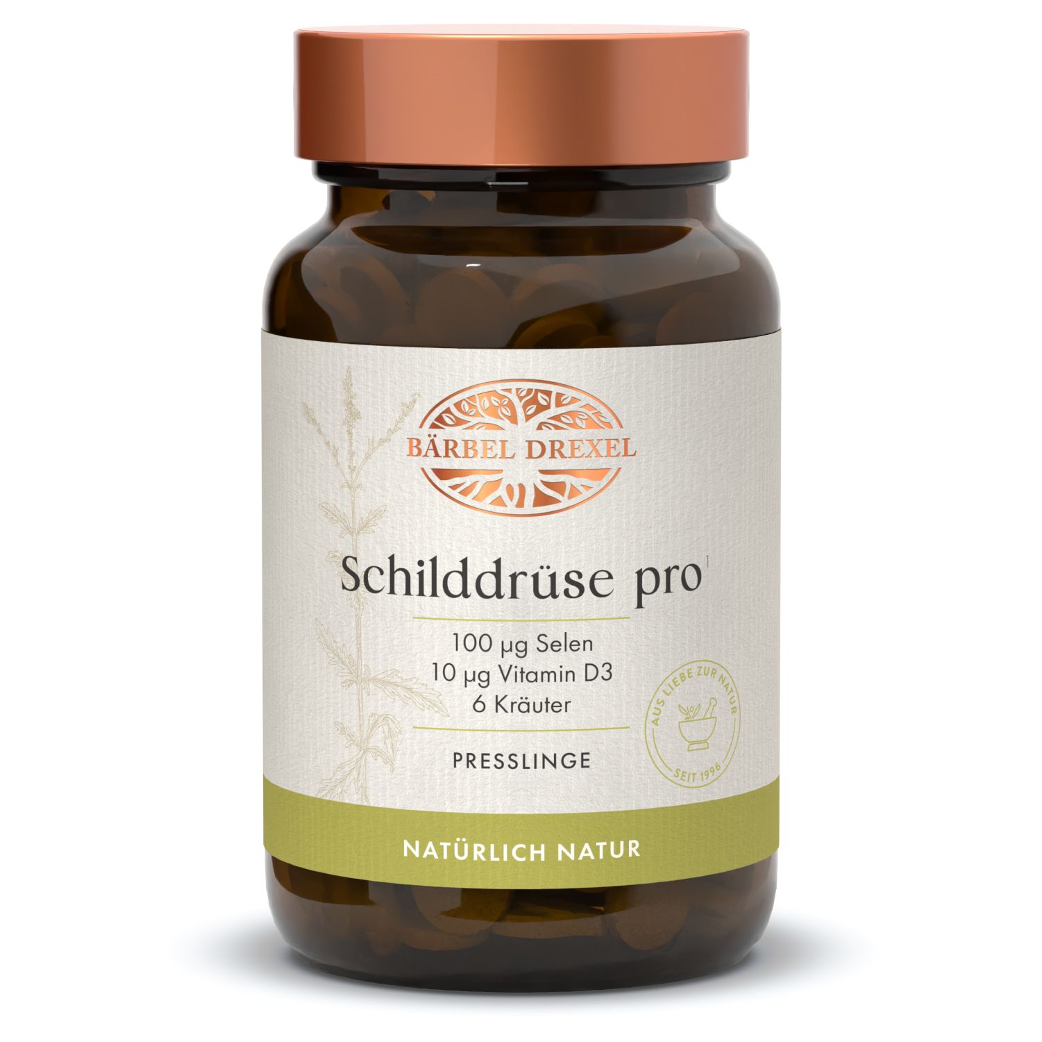 Braune Glasflasche mit Schilddrüse pro Tabletten. Etikett mit Produktinformationen und Logo.