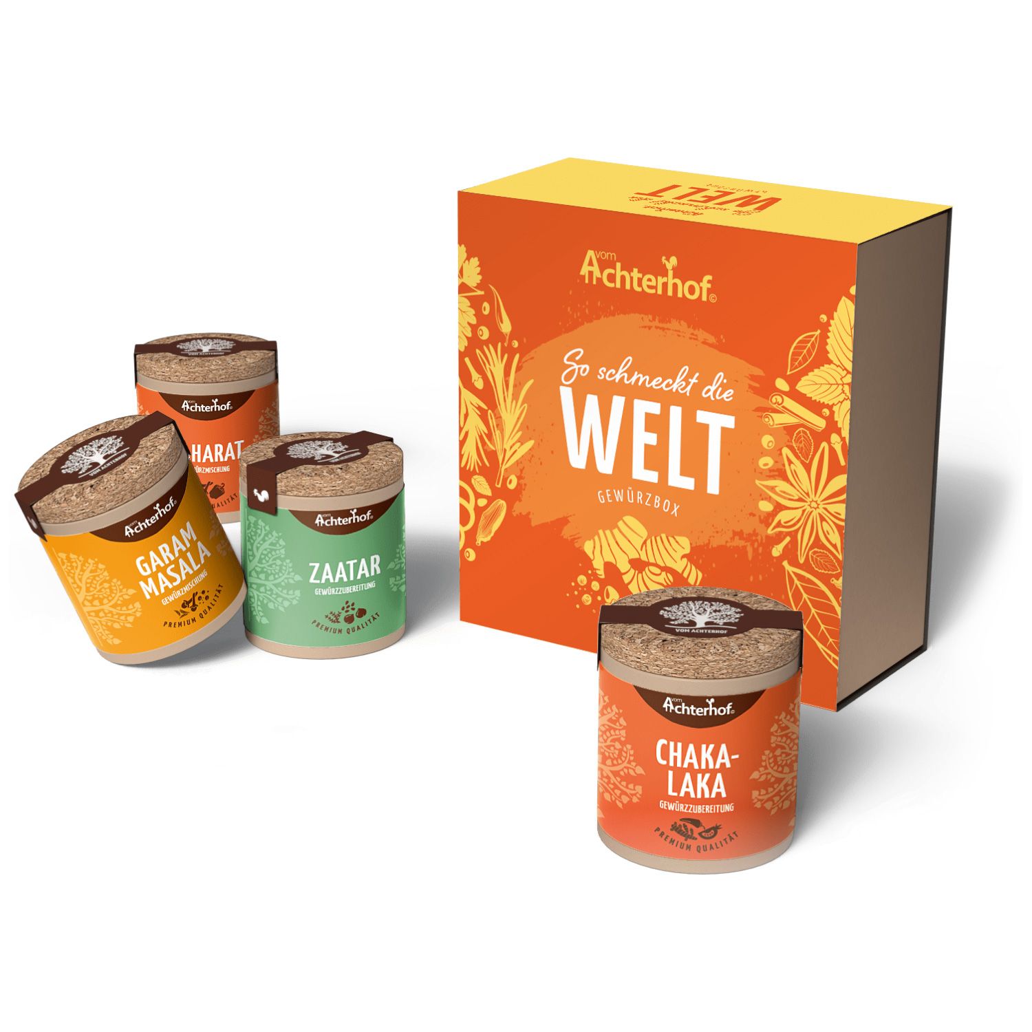 Gewürzbox mit vier Gewürzdosen und einer Verpackung. Auf den Dosen stehen die Namen der Gewürze. Auf der Verpackung steht "So schmeckt die Welt".