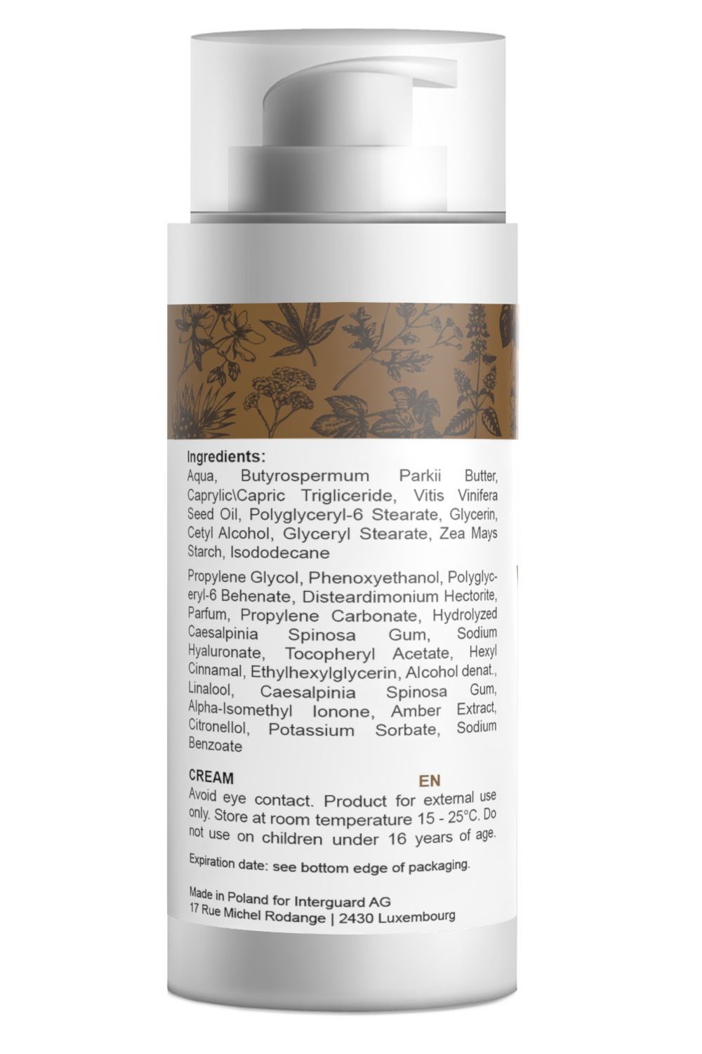 Creme-Flasche mit Pumpe. Aufschrift: Inhaltsstoffe, Creme, EN. Braune Etikett mit Pflanzenmuster. Weißer Hintergrund.