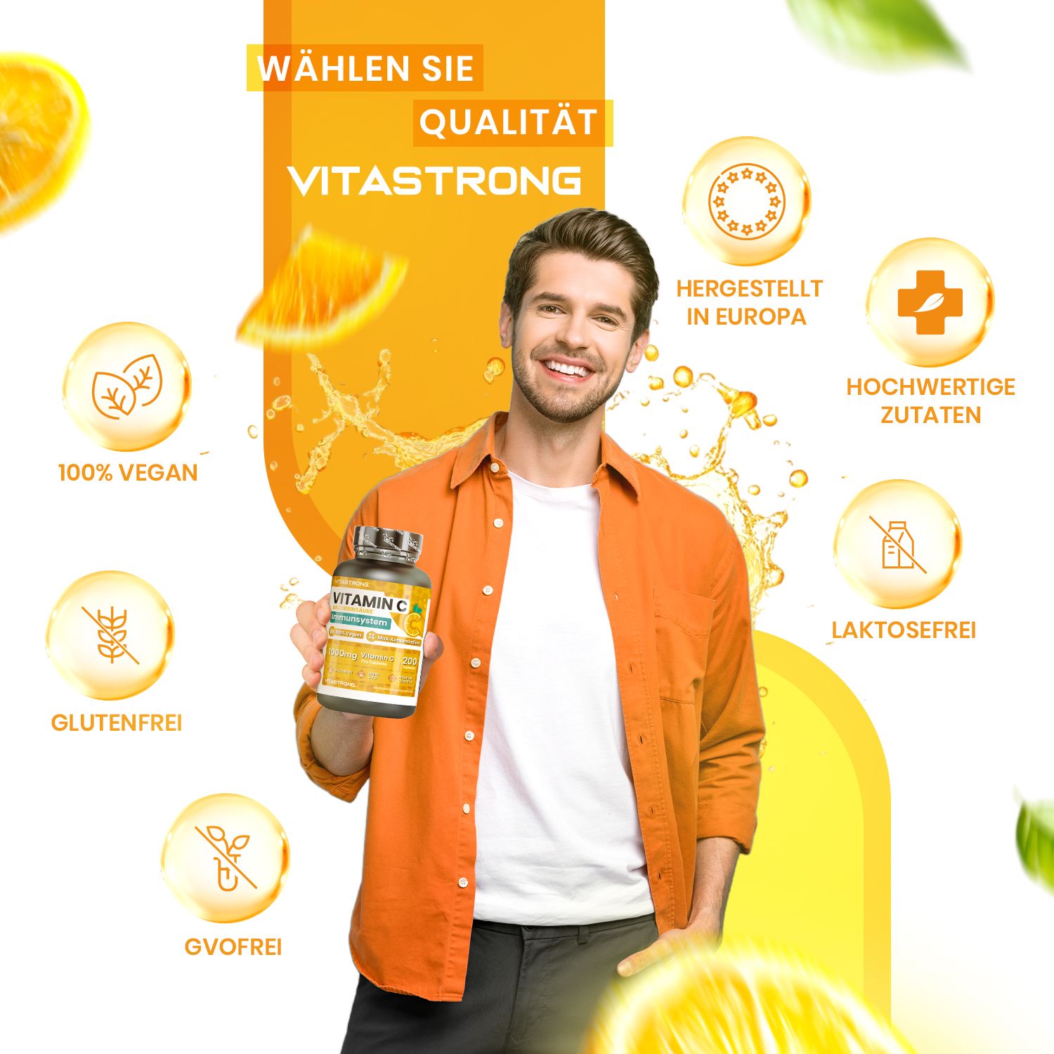 Mann mit Flasche Vitamin C. Text: Wählen Sie Qualität VITASTORNG. Hergestellt in Europa, hochwertige Zutaten, glutenfrei, laktosefrei.