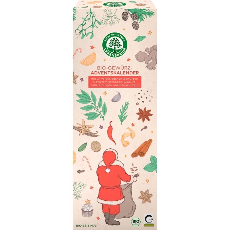 Adventskalender mit Illustrationen von Gewürzen und Weihnachtsmotiven. Logo: Lebensbaum. Text: Bio-Gewürz-Adventskalender.