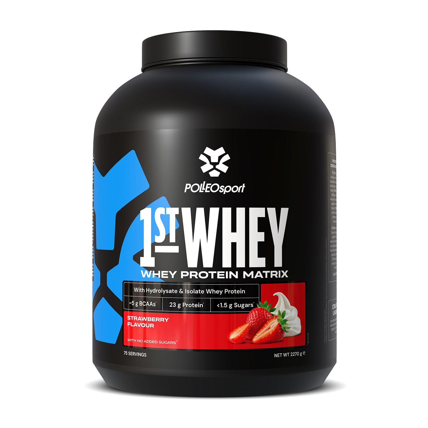 Schwarzer Behälter mit PolleoSport 1st Whey Protein Matrix, Erdbeergeschmack.