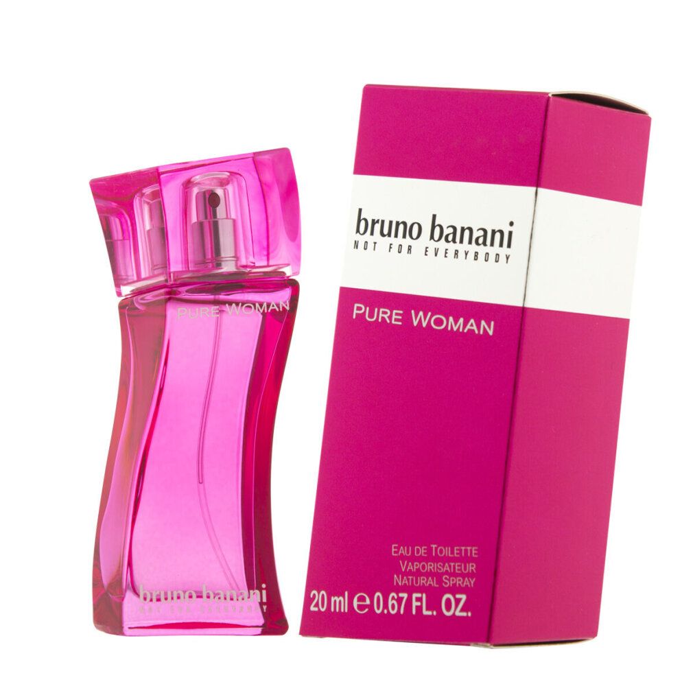 Rosa Flakon und Verpackung. Schriftzug: Bruno Banani, Pure Woman. Eau de Toilette Spray.