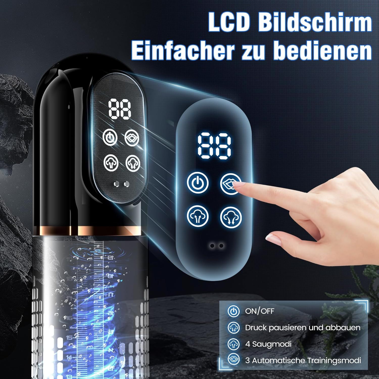 Pumpe mit digitalem Display. Bedienung durch Touch-Tasten. Schwarzes Gehäuse mit goldenen Akzenten.