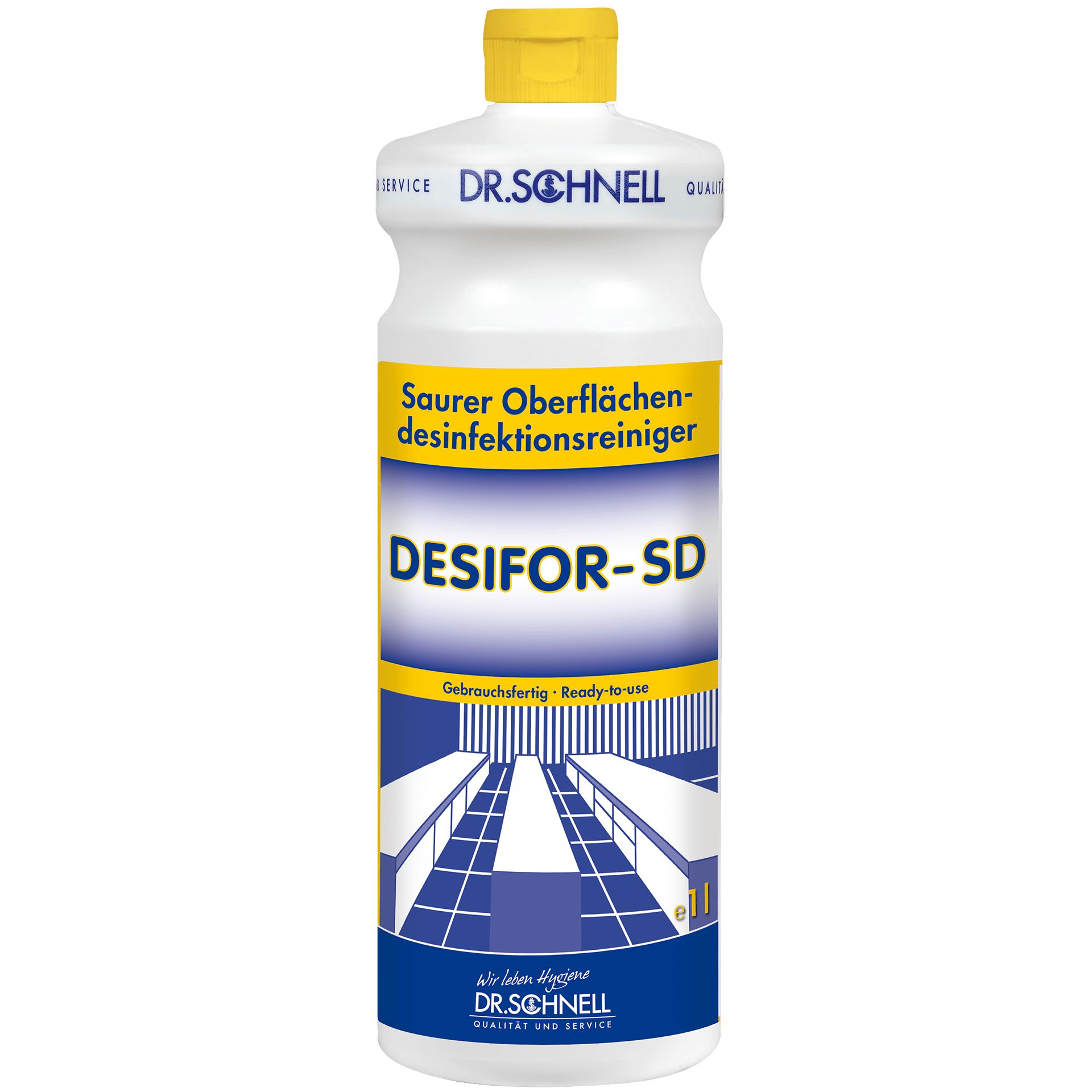 Weiße Flasche mit gelbem Deckel. Aufschrift: DESIFOR-SD, Dr. Schnell. Text: Saurer Oberflächendesinfektionsreiniger.