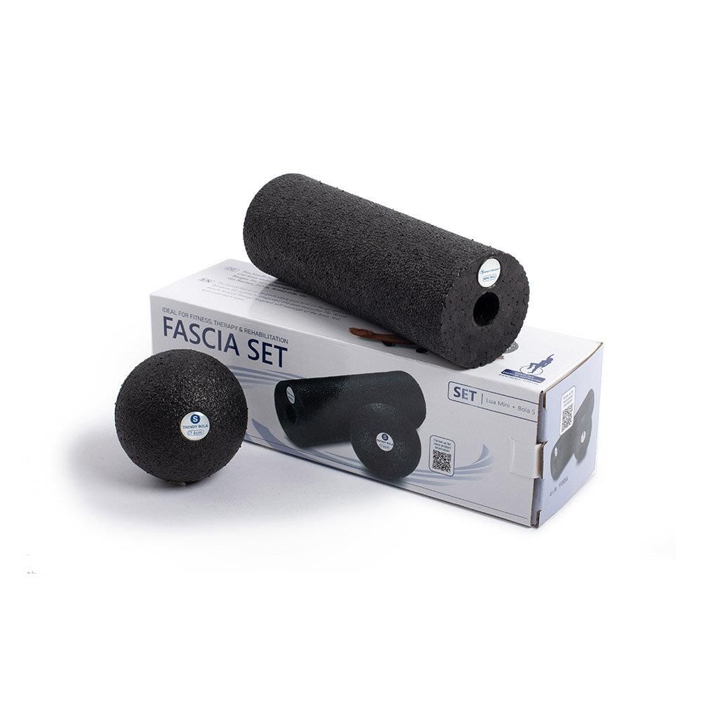 Faszien-Set mit Rolle und Ball in Verpackung. Die Verpackung zeigt das Produkt und den Schriftzug "FASCIA SET".