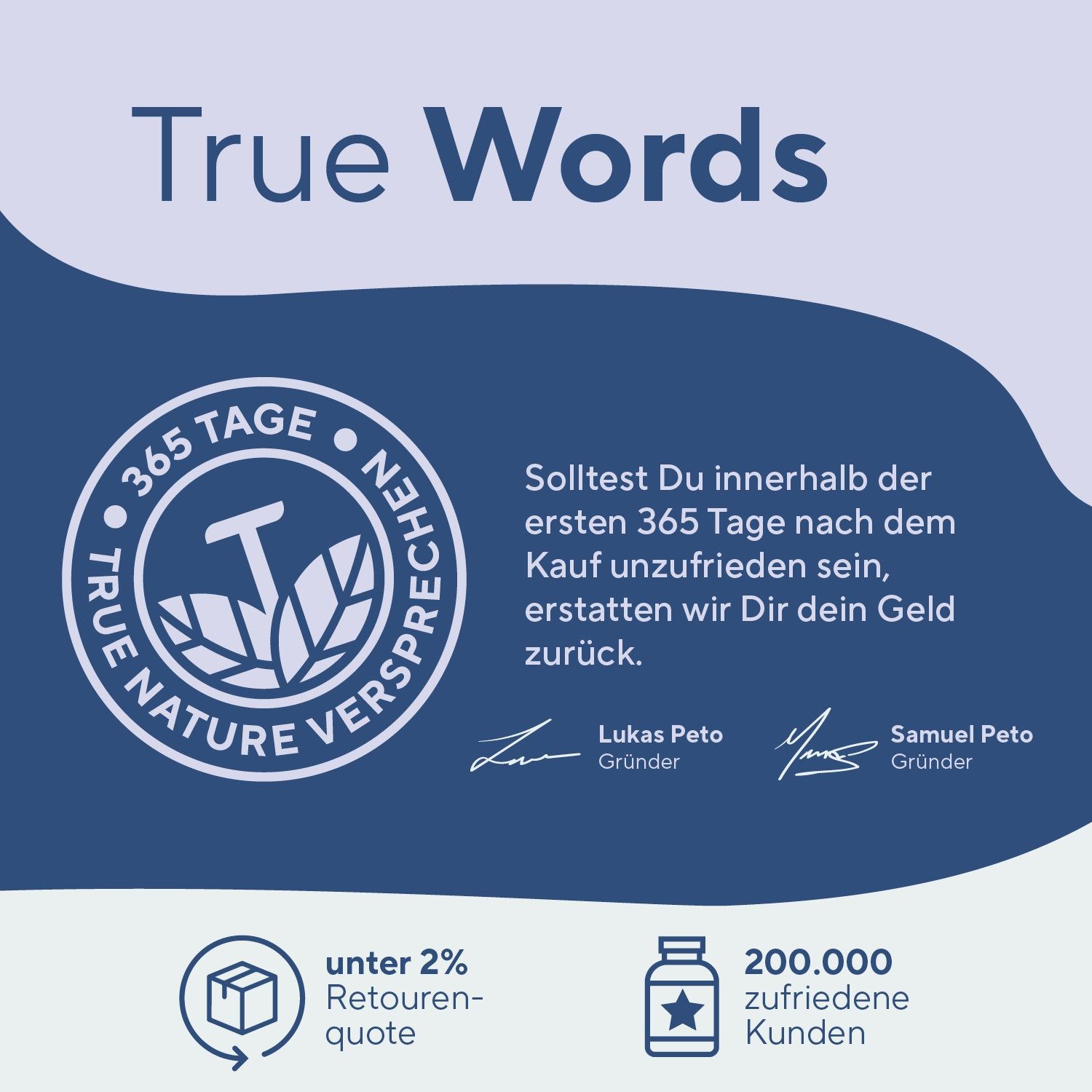 Logo mit Text: True Nature. Text: 365 Tage Versprechen, unter 2% Retourenquote, 200.000 zufriedene Kunden.