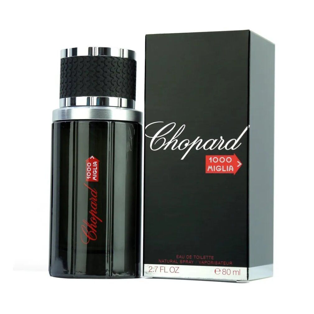 Schwarzer Flakon und Verpackung. Aufschrift: Chopard 1000 Miglia. Flakon mit silbernem Deckel.