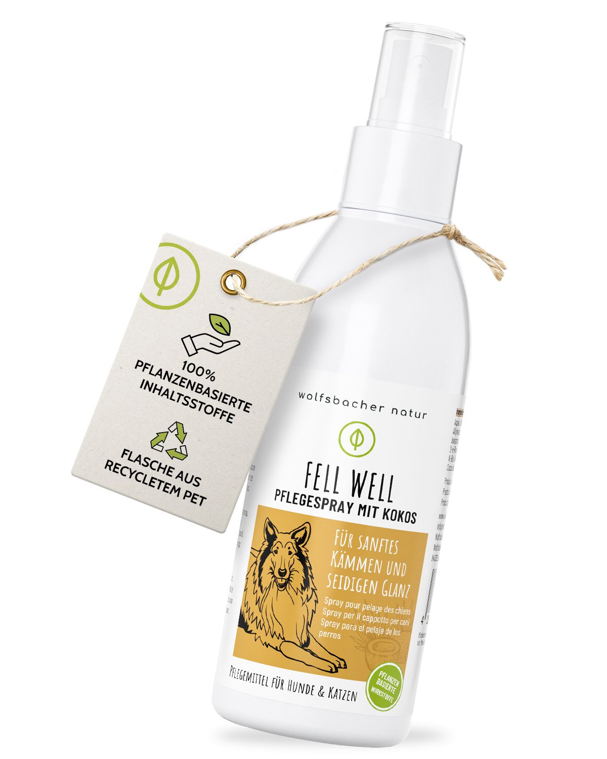 Weiße Flasche mit Etikett und Anhänger. Aufschrift: Fell Well, Pflege Spray mit Kokos. Anhänger mit Logo und Text.