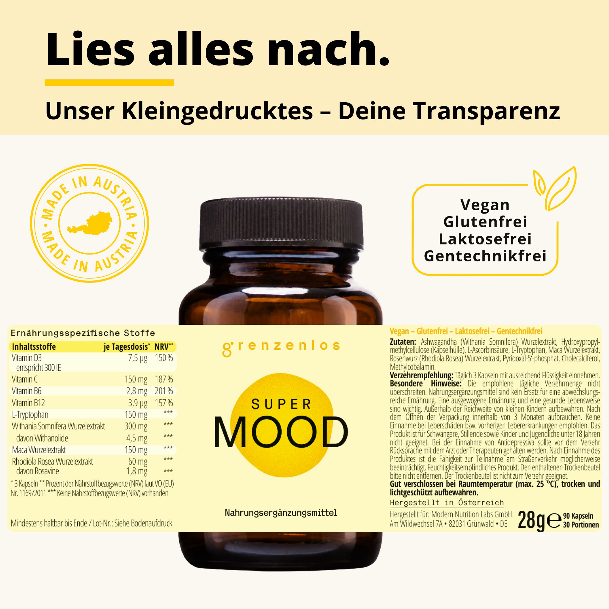 Braune Glasflasche mit gelbem Etikett: "SUPER MOOD". "grenzenlos" Logo oben.