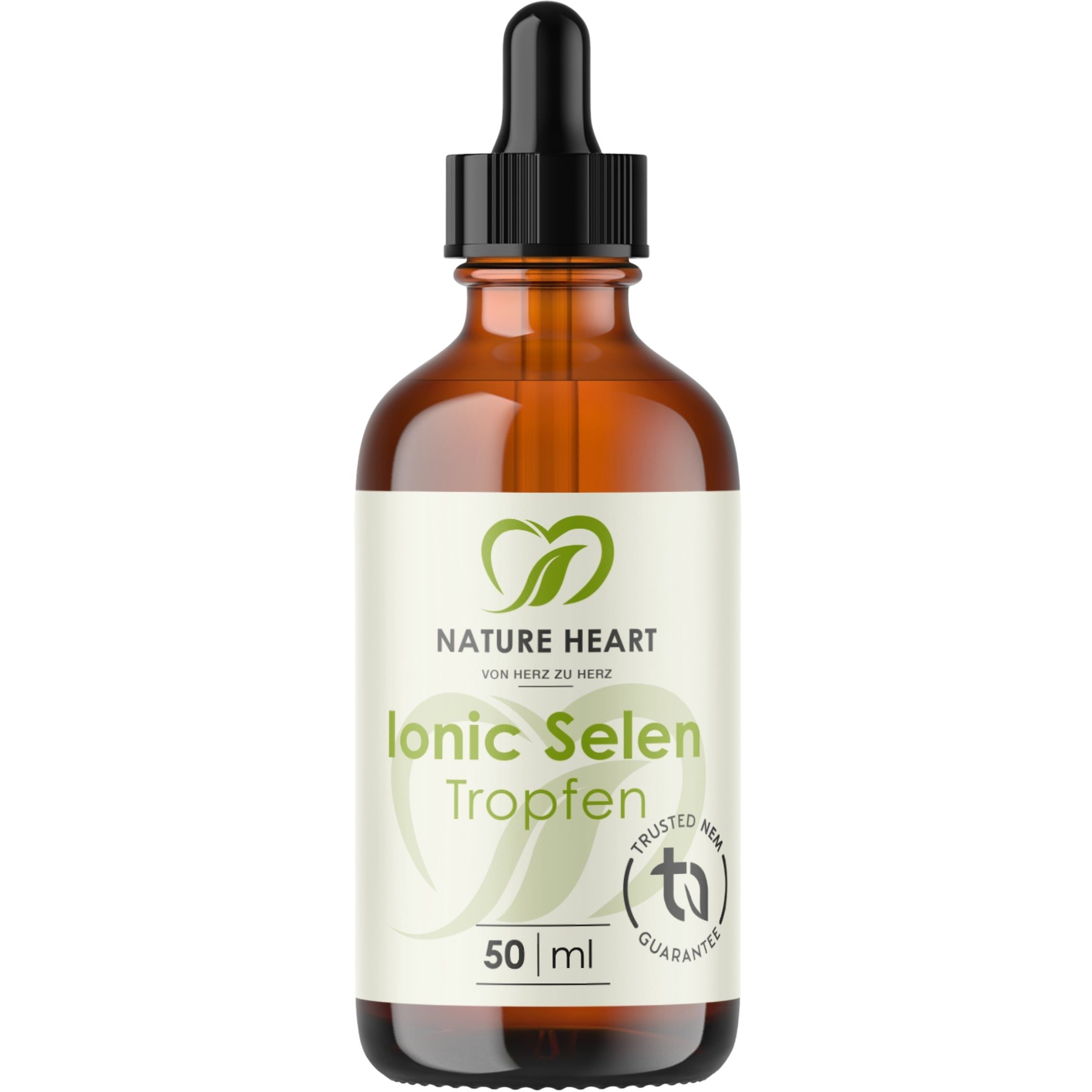 Braunglasflasche mit Pipette, 50 ml, mit Etikett 'Nature Heart Ionic Selen Tropfen'.