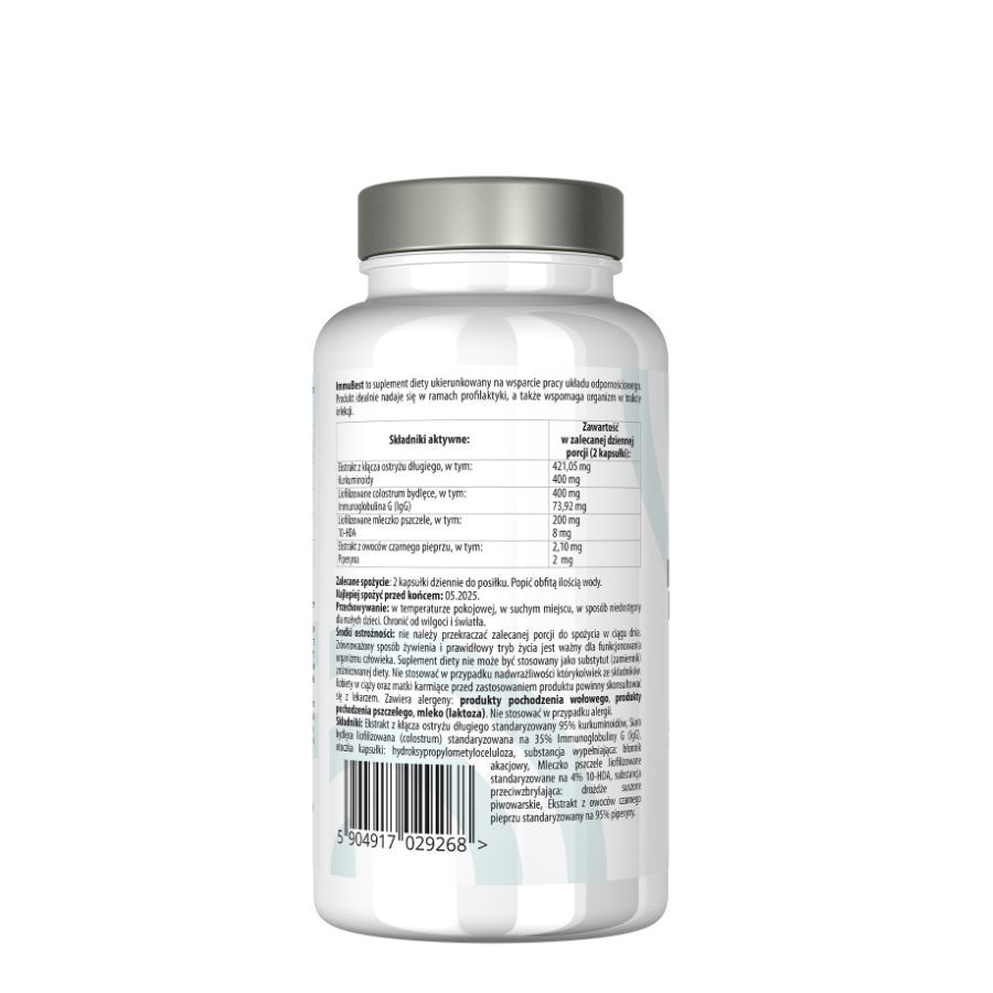 Rückseite einer weißen Flasche mit Kapseln. Enthält Informationen zu Inhaltsstoffen und Nährwerten. Text in polnischer Sprache.