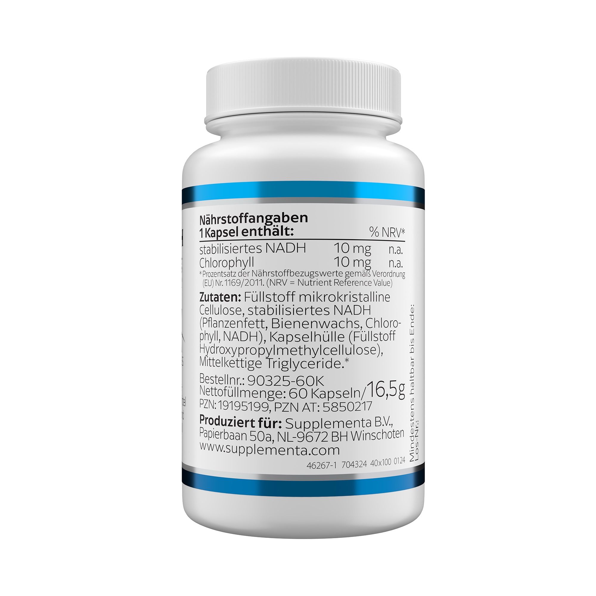 Rückseite einer weißen Flasche mit blauer Beschriftung. Enthält Nährwertangaben und Zutaten. 60 Kapseln.