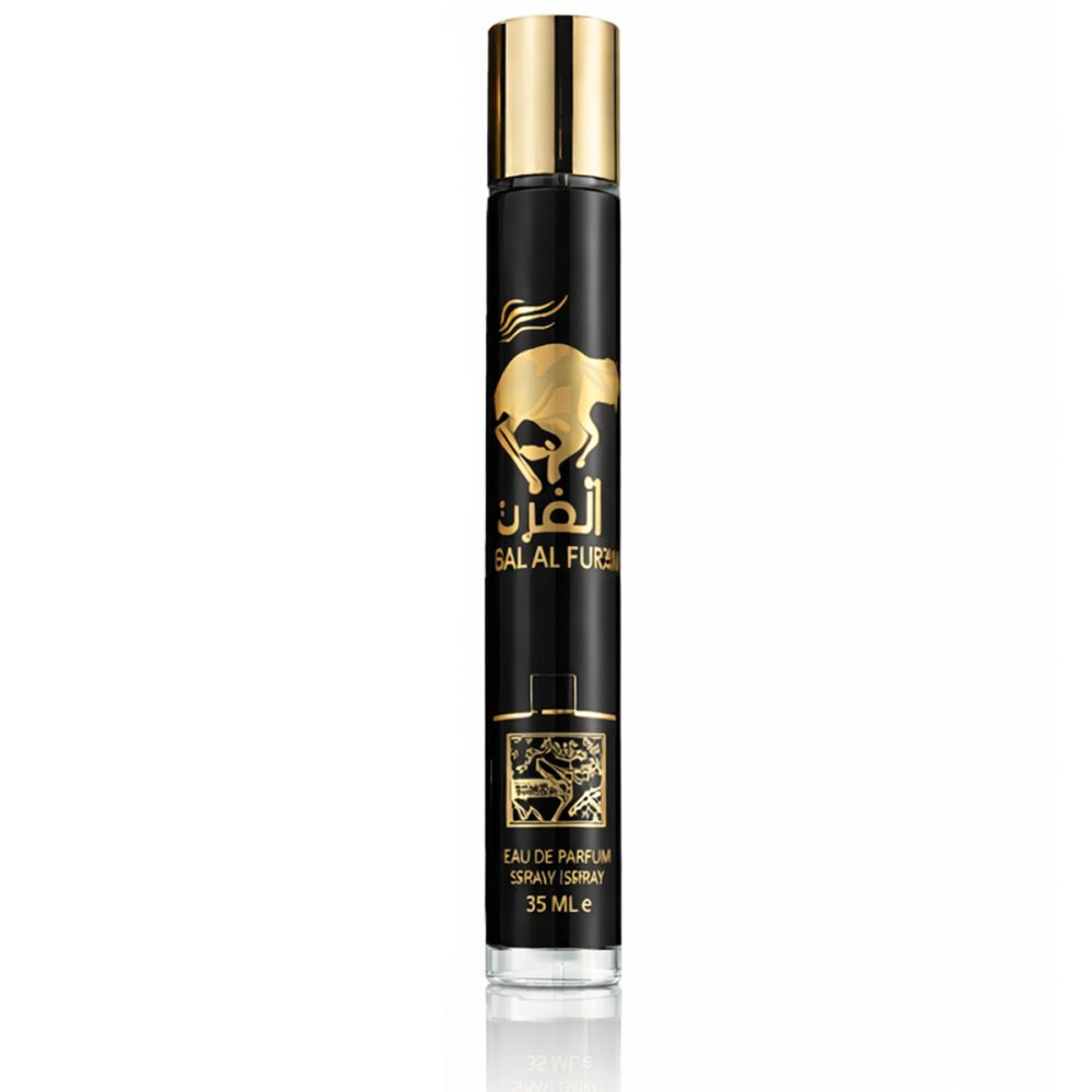 Schwarze Flasche mit goldenem Deckel und Aufdruck. Text: Qaed al Fursan, Eau de Parfum, Lattafa. 35 ml.