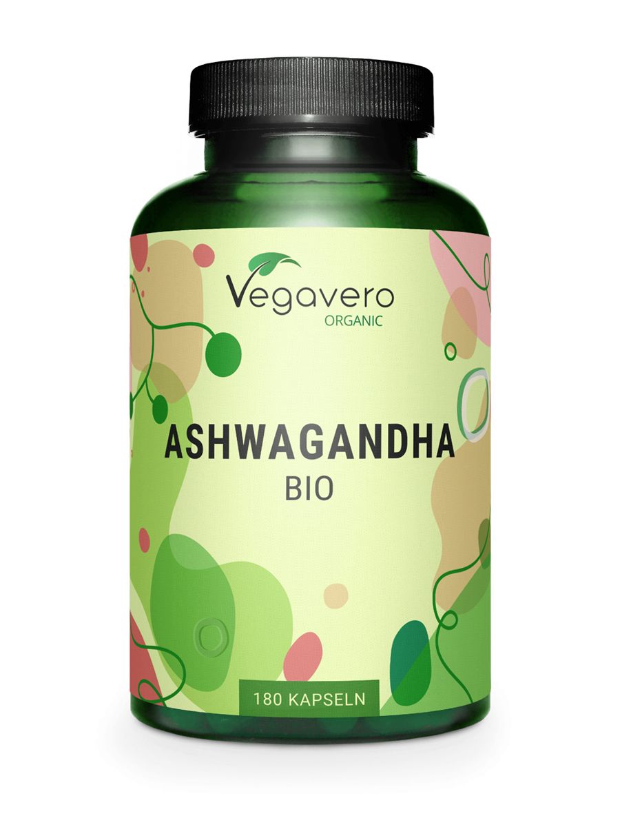 Grüne Flasche mit schwarzem Deckel. Aufschrift: Ashwagandha BIO, 180 Kapseln. Vegavaro Organic Logo.