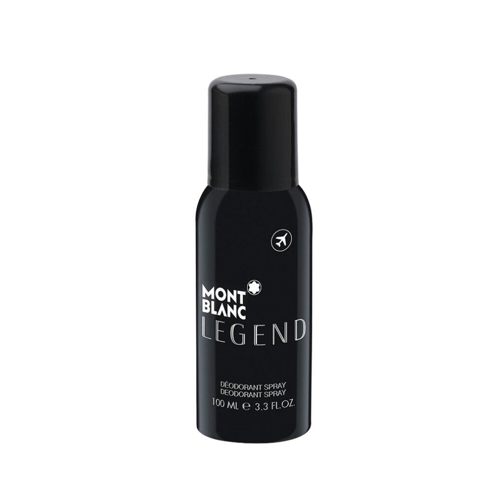 Schwarze Deodorant-Spray-Flasche. Aufschrift: MONTBLANC LEGEND. Mit Logo und Text: DÉODORANT SPRAY, 100 ml.