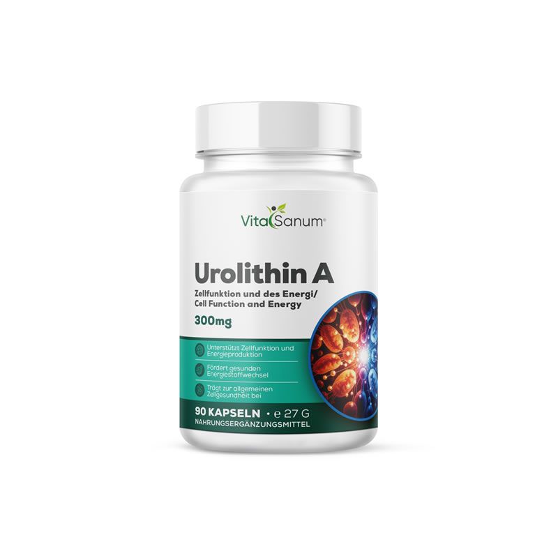 Weiße Flasche VitaSanum Urolithin A. Aufschrift: 300mg, 90 Kapseln, Nahrungsergänzungsmittel. Etikett mit Informationen und Abbildungen.