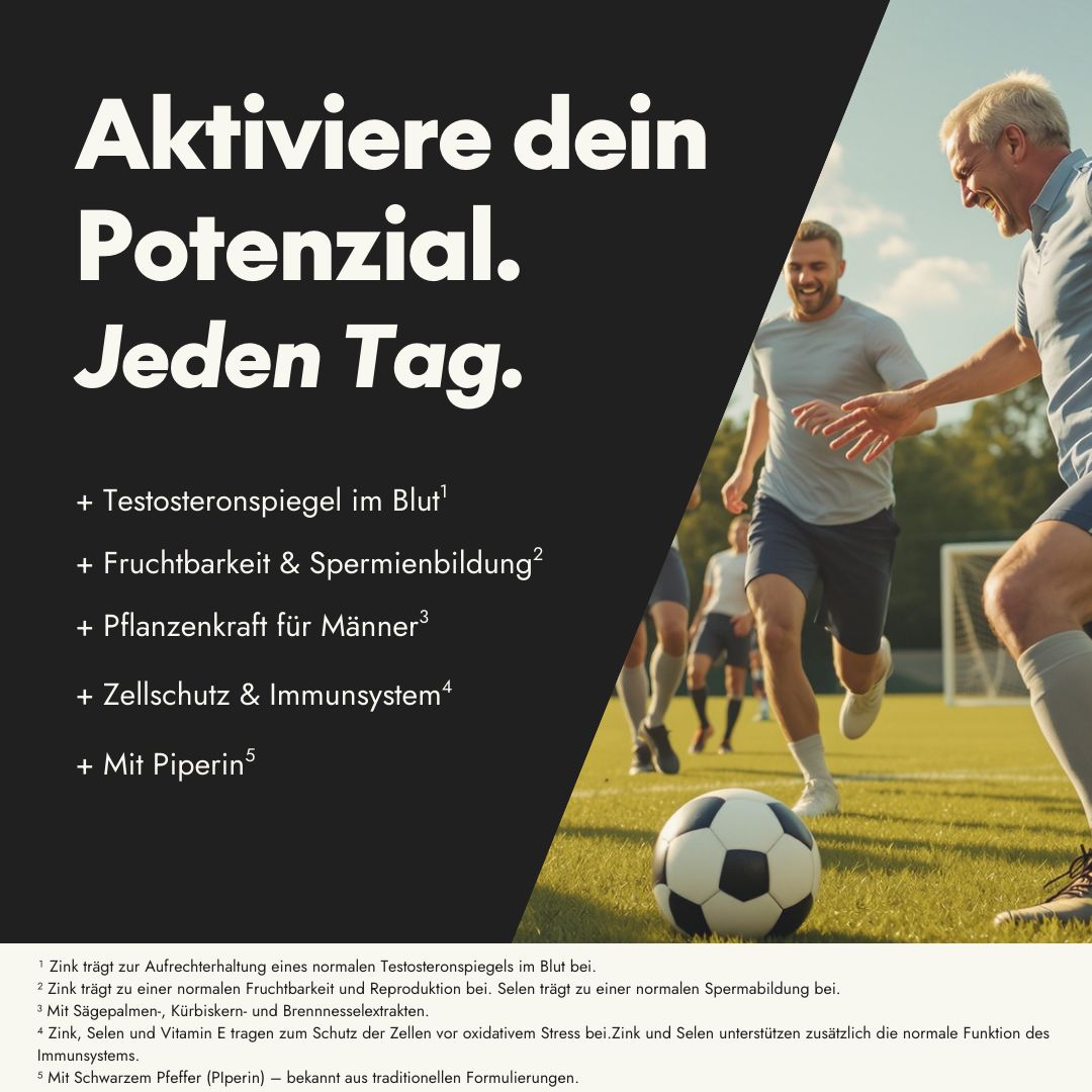 Text auf schwarzem Hintergrund: Aktivieren Sie Ihr Potenzial. Jeden Tag. Fußballspieler im Hintergrund.