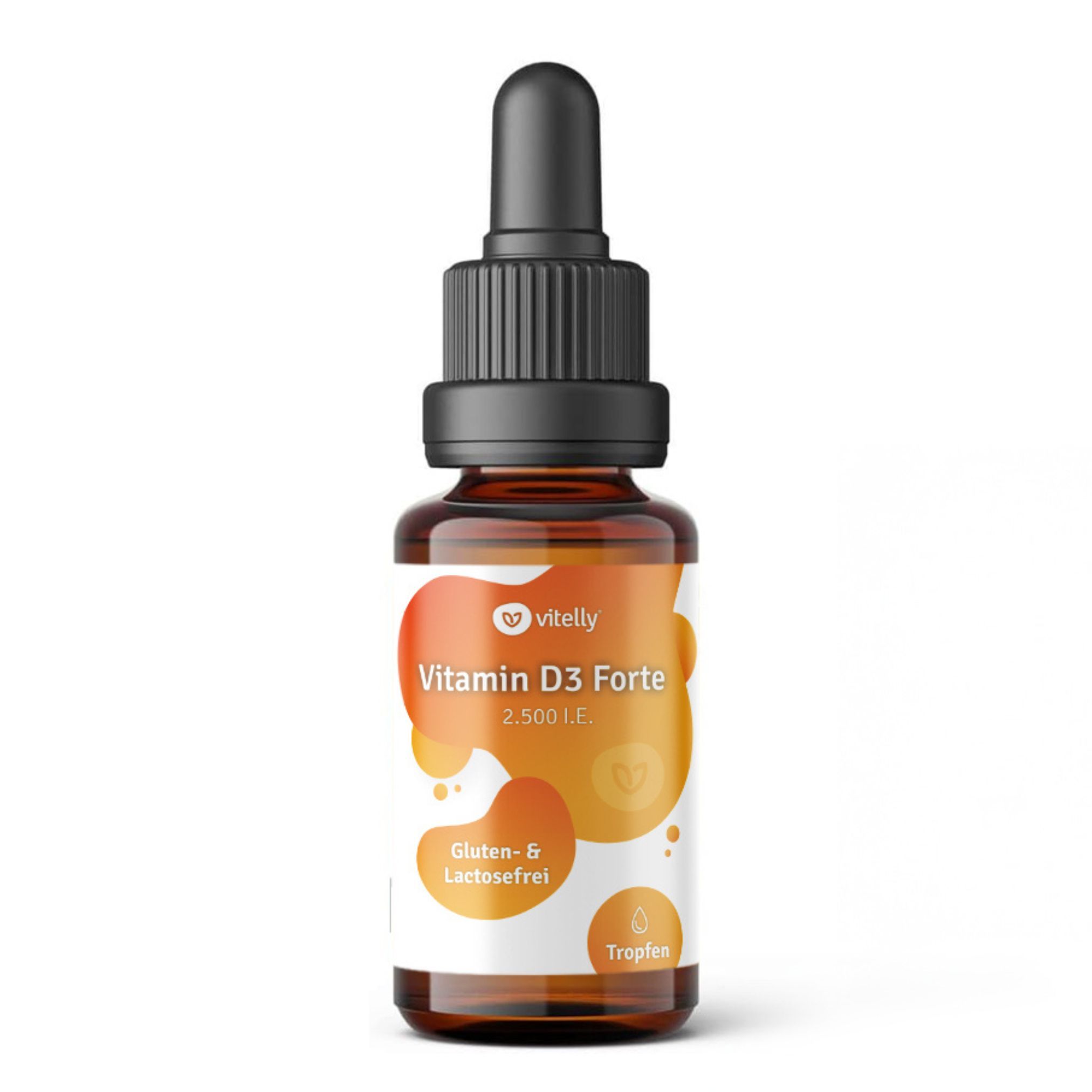 Braune Glasflasche mit schwarzem Verschluss und Pipette. Etikett mit Produktinformationen: Vitamin D3 Forte 2.500 I.E. Tropfen.