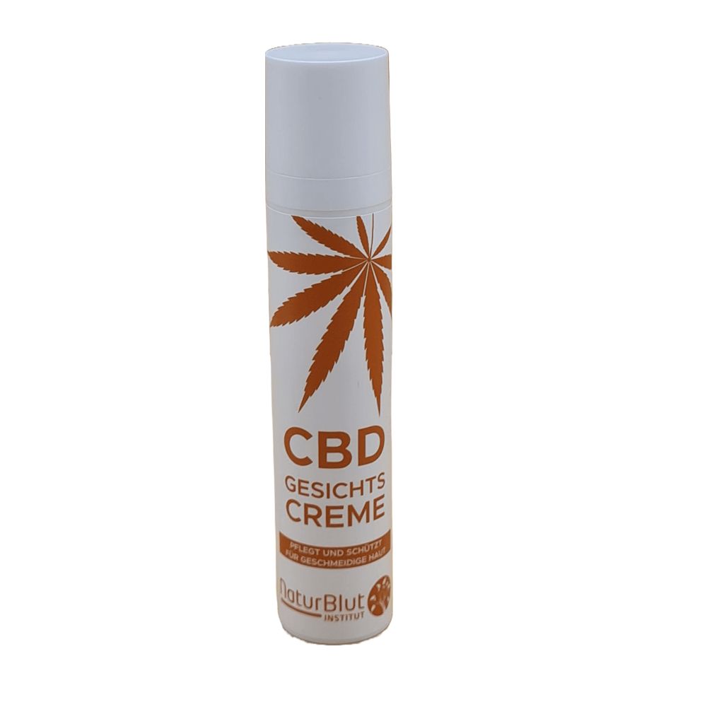Weiße Flasche mit braunem Hanfblatt-Design. Text: CBD Gesichtscreme, NaturBlut. Aufschrift: Pflegt und schützt für geschmeidige Haut.