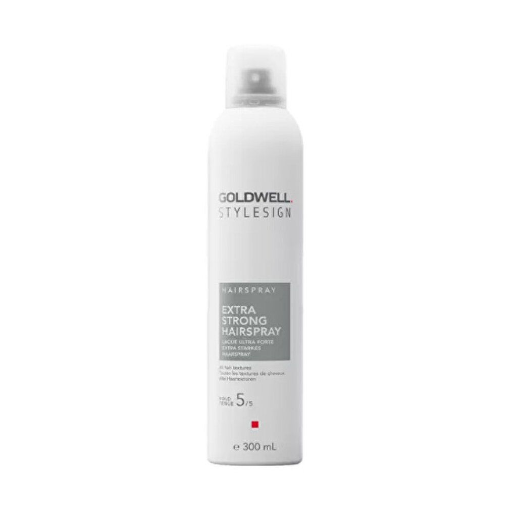 Goldwell Stylesign Haarspray, weißes Spray mit Sprühkopf. Aufschrift: Extra Starkes Haarspray. Stärke 5/5.