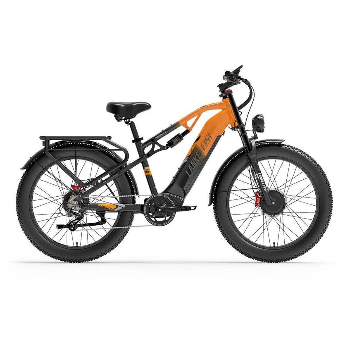 E-Bike mit orangefarbenem Rahmen und schwarzen Komponenten. Dicke Reifen, Frontscheinwerfer. Auf dem Rahmen steht LANKELEISI.