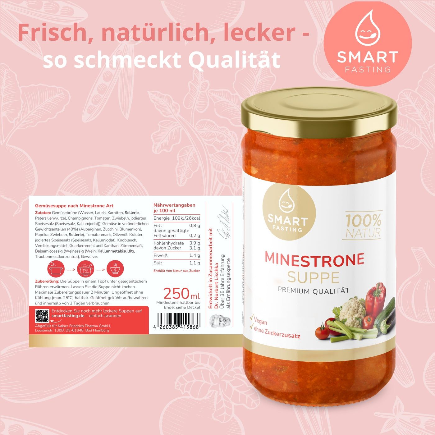 Glas Smart Fasting Minestrone Suppe mit Etikett. Aufschrift: 250ml, Zutaten, Nährwertangaben. Logo: Smart Fasting, 100% Natur. Hergestellt in Deutschland.