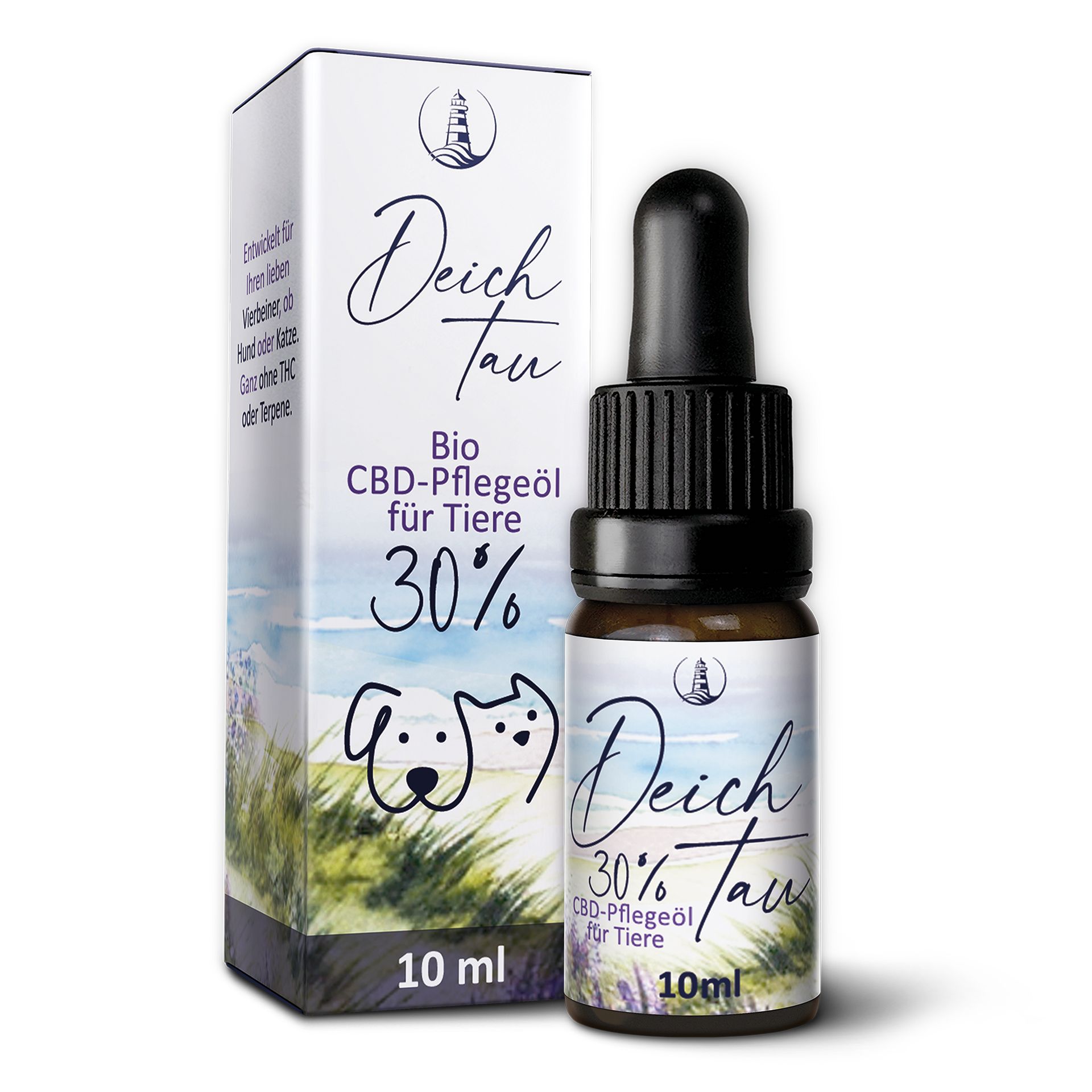 Deichtau Bio CBD Öl 30% für Tiere, 10ml Flasche mit Pipette und Faltschachtel.