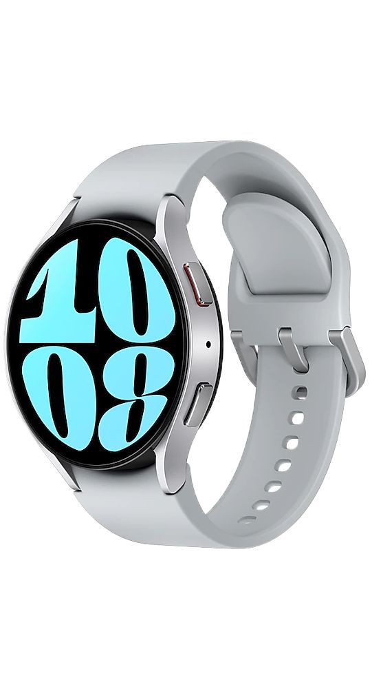 Silberne Smartwatch mit rundem Zifferblatt. Anzeige: 10:08. Graues Armband. Seitliche Knöpfe. Gehäuse aus Metall.