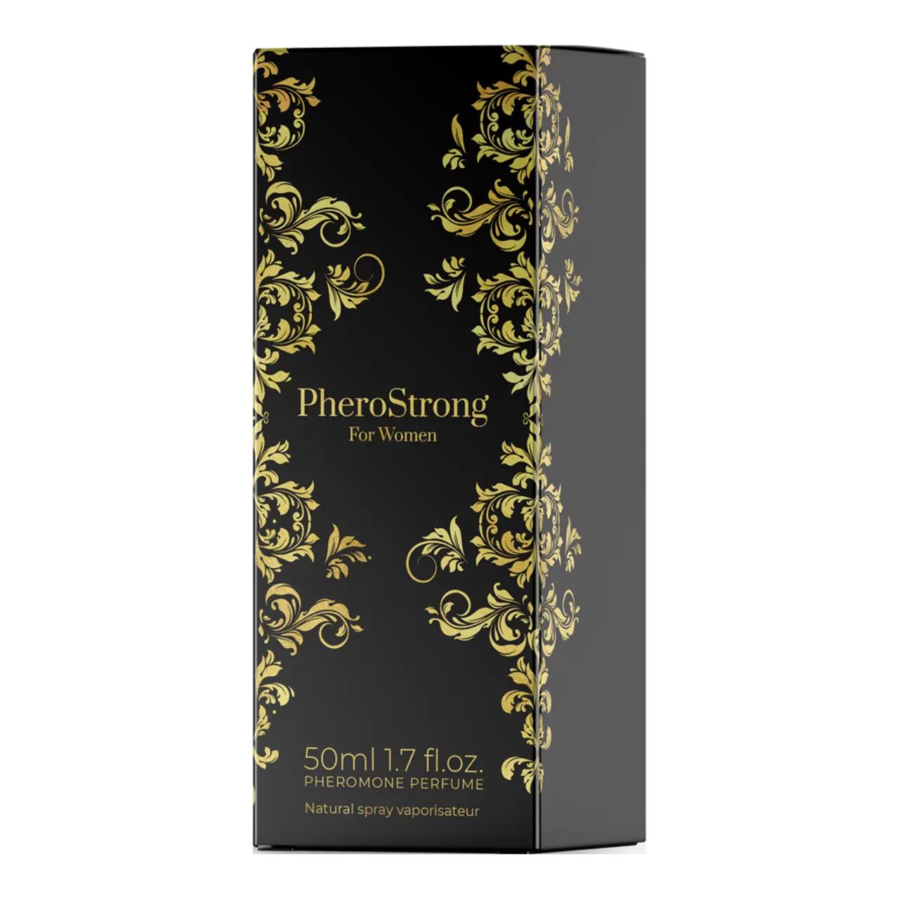 Schwarzer Karton mit goldenen Ornamenten. Text: PheroStrong, 50ml 1.7 fl.oz. Pheromone Parfum.