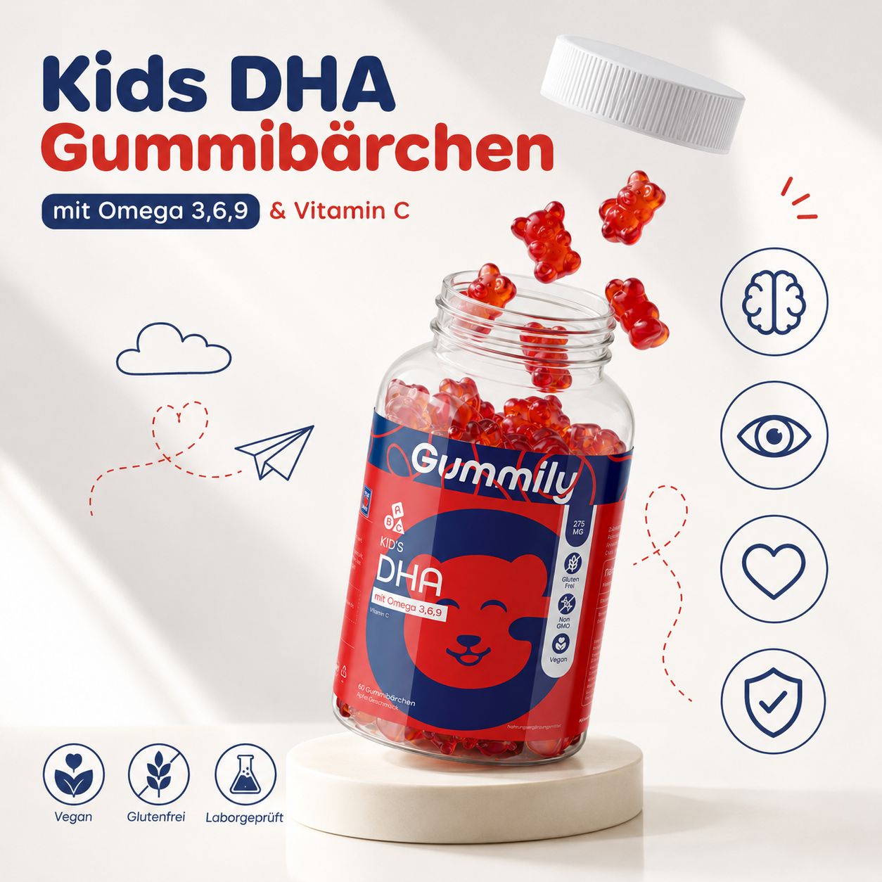 Gummily Kinder DHA Gummibärchen fliegen aus einem offenen Behälter.