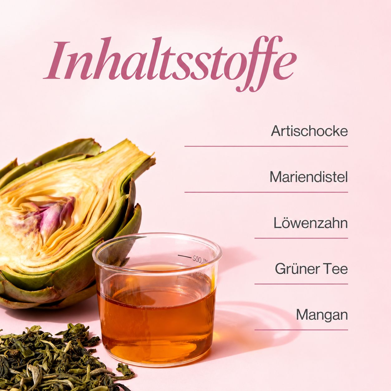Inhaltsstoffe: Artischocke, Mariendistel, Löwenzahn, grüner Tee, Mangan.